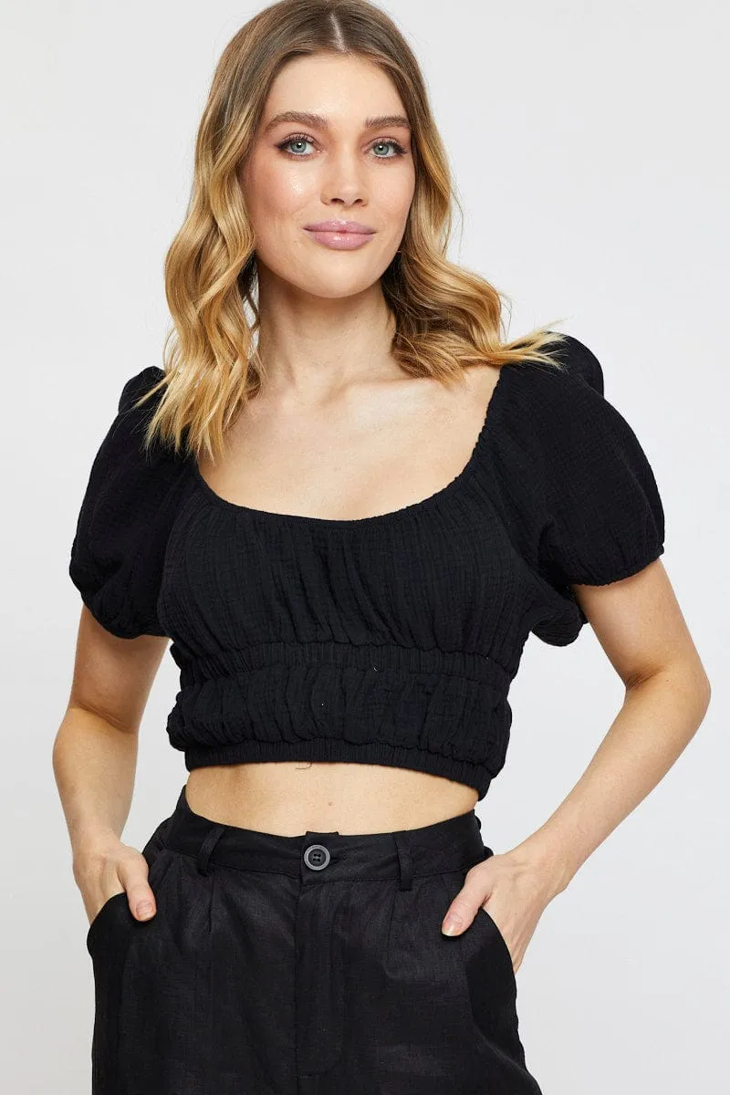 Black Crop Top Short Sleeve Gathered Bust