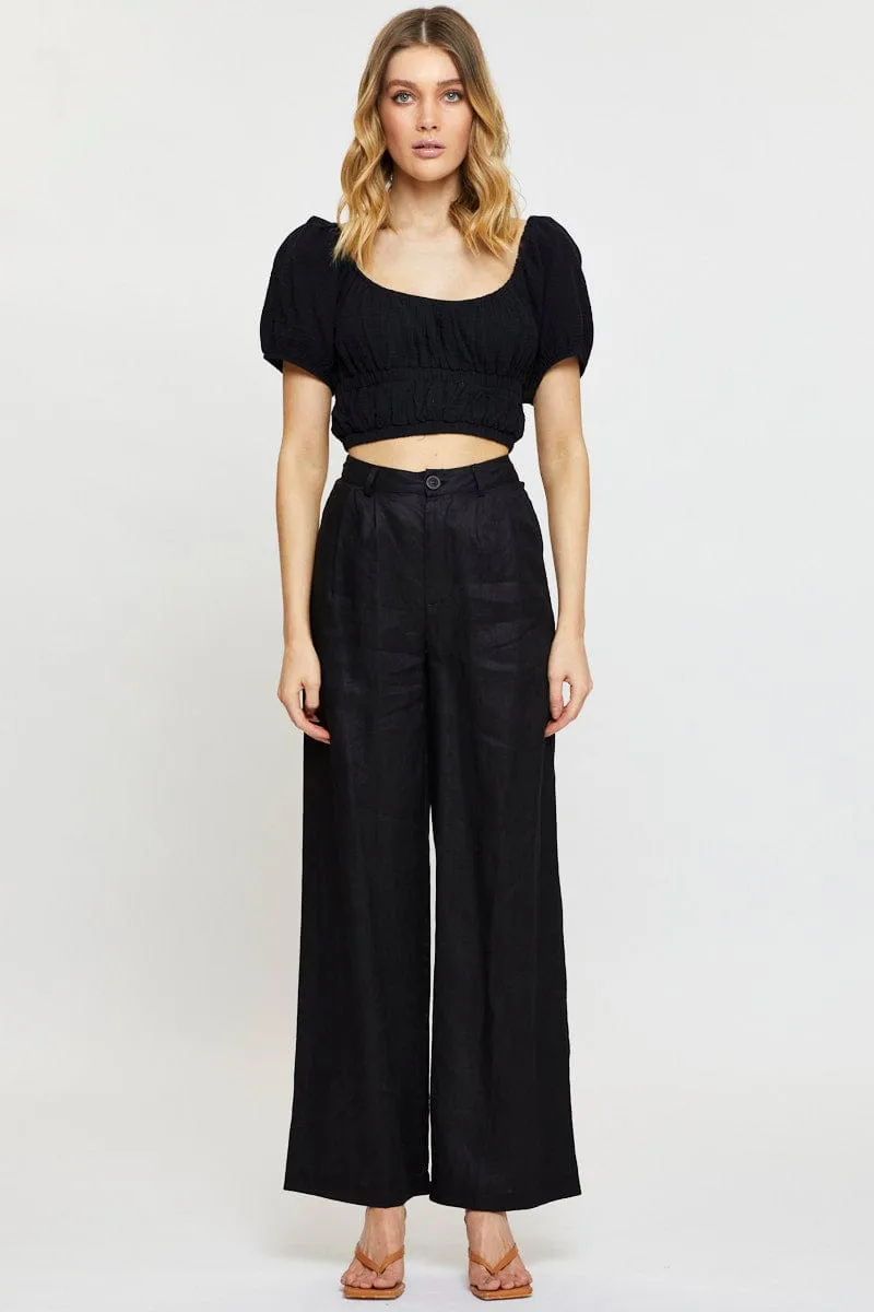Black Crop Top Short Sleeve Gathered Bust