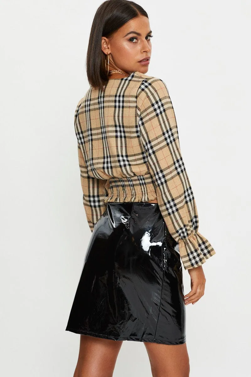 Black Wet Look Front Zip Mini Skirt