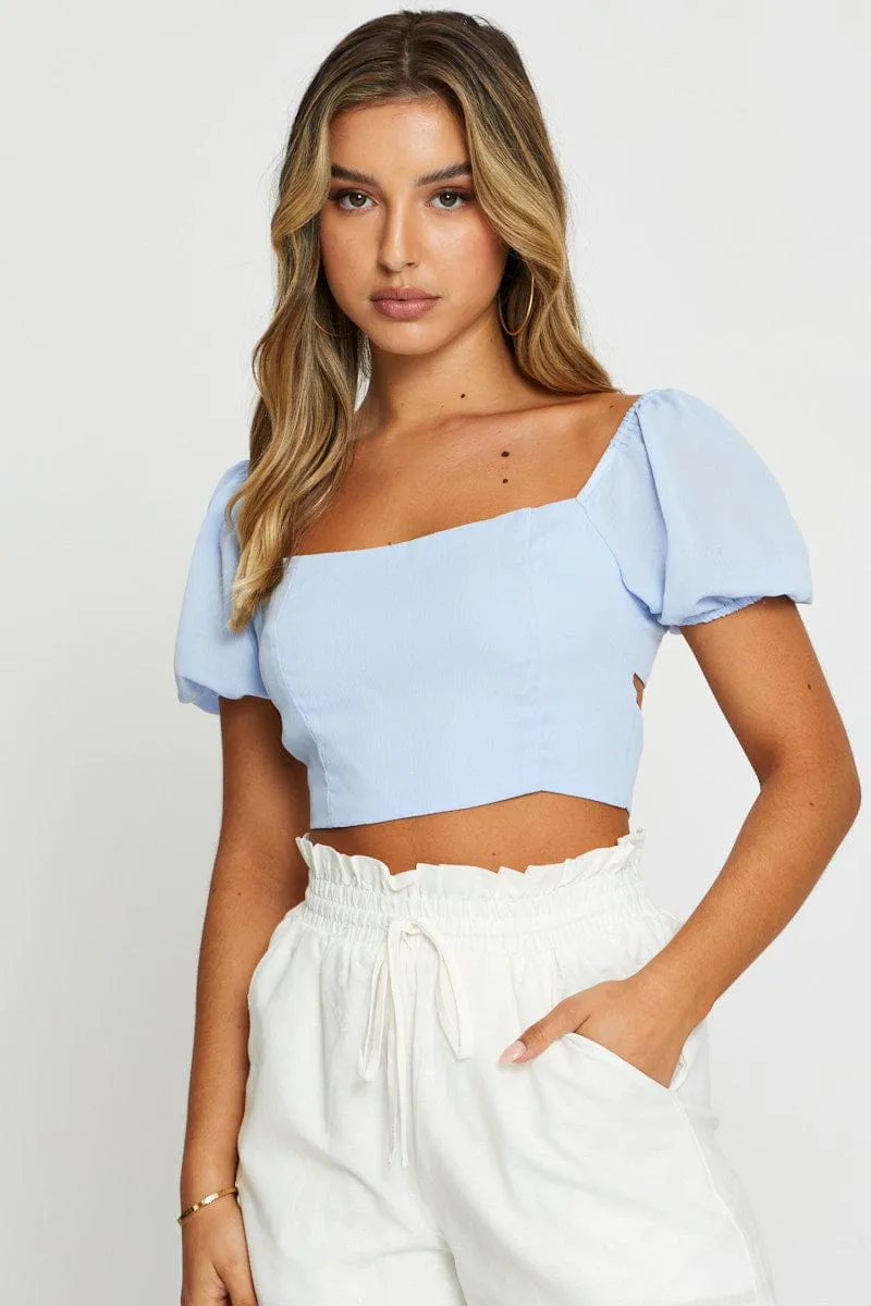 Blue Crop Top Short Sleeve Tie Up