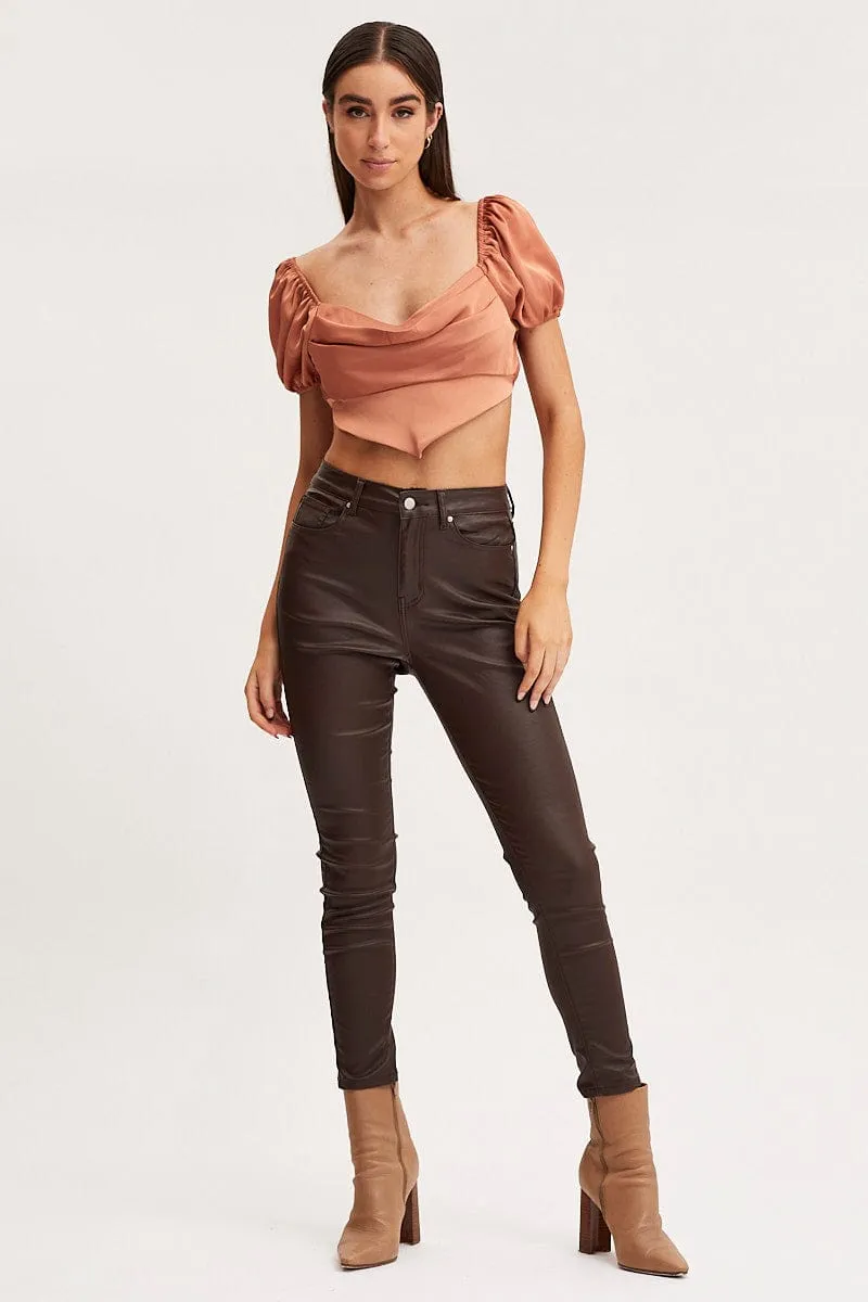 Brown Scarf Top Short Sleeve Crop