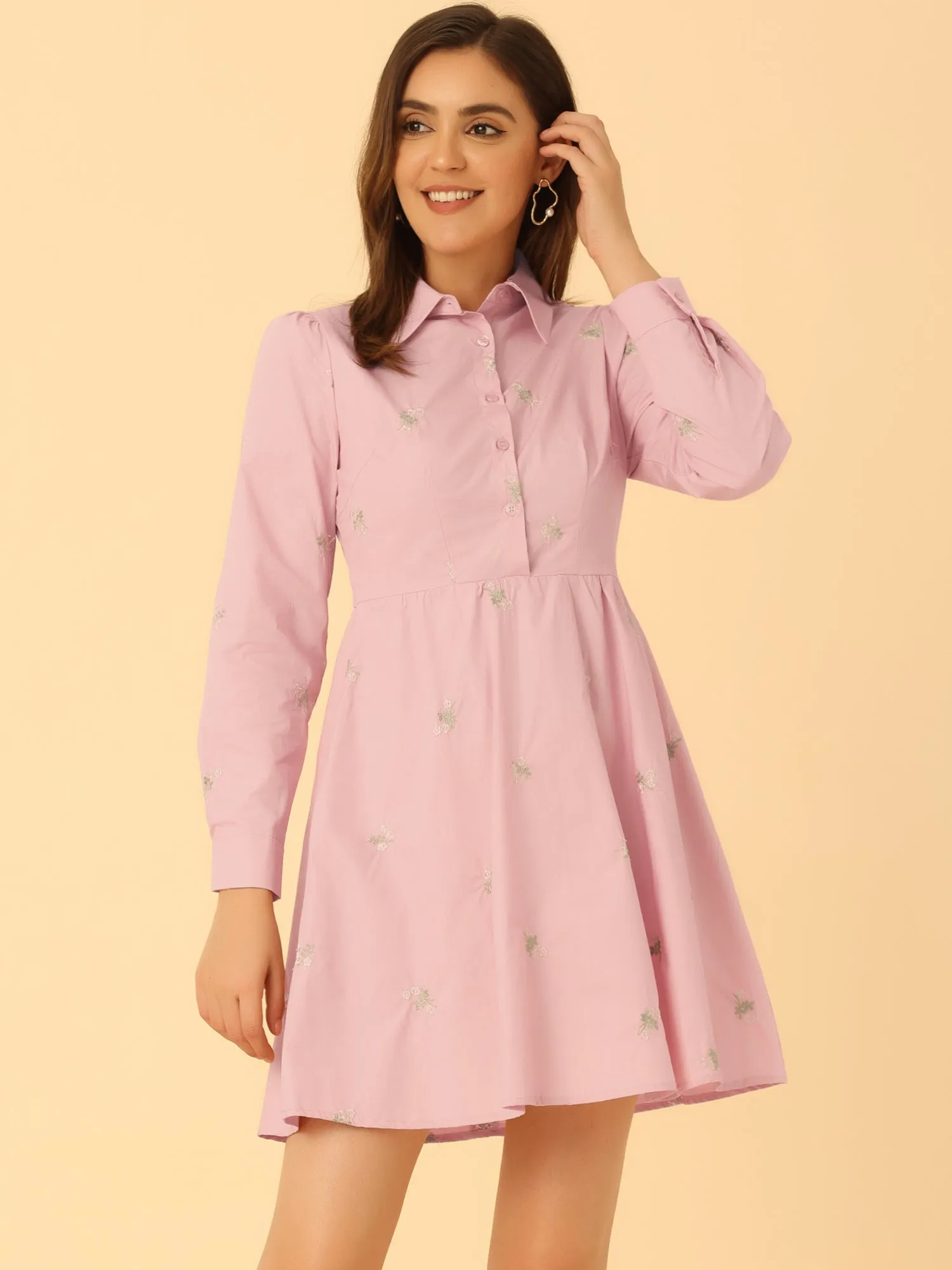 Casual Long Sleeve Half Placket Embroidered Floral Mini Shirt Dress