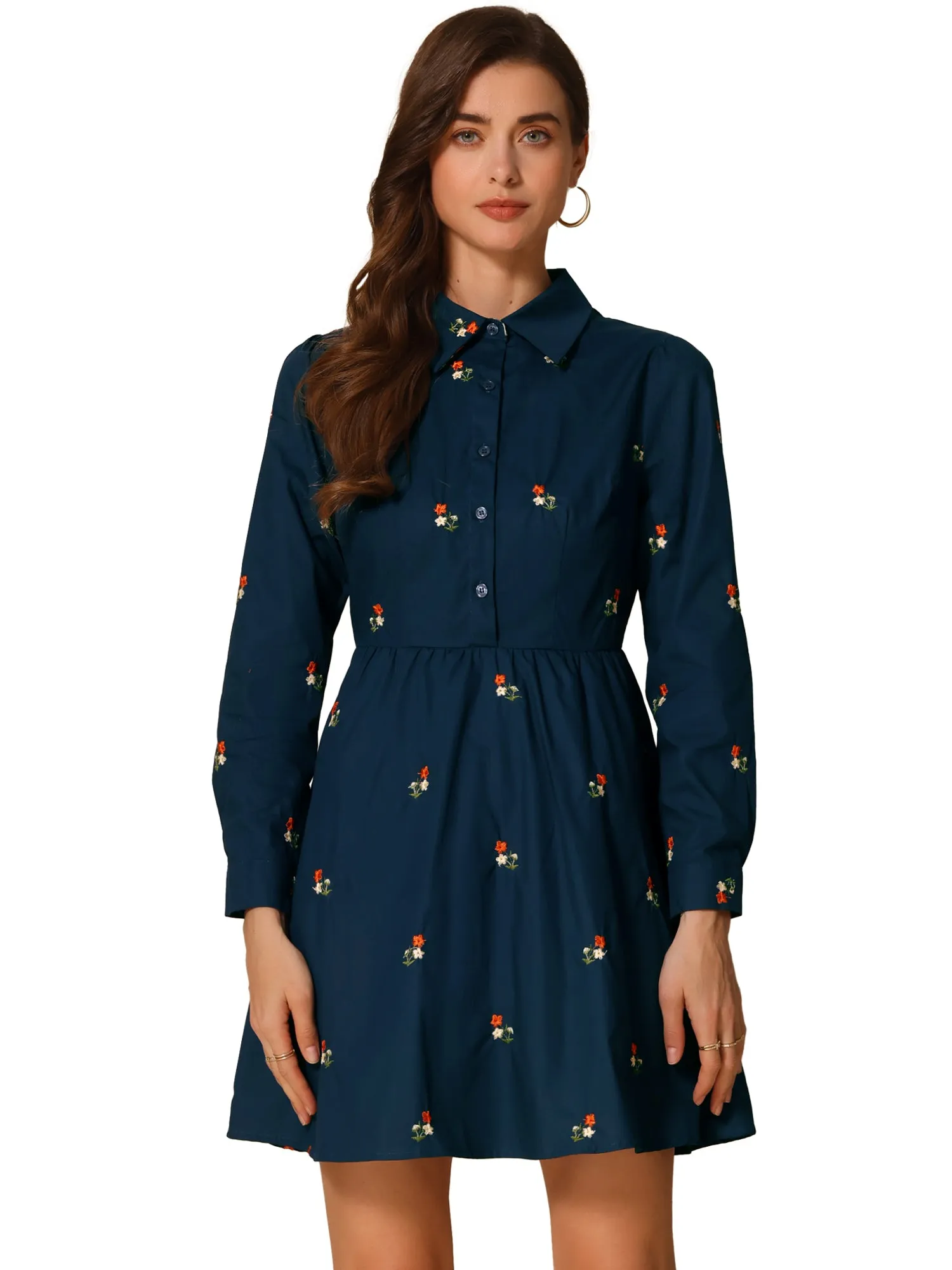 Casual Long Sleeve Half Placket Embroidered Floral Mini Shirt Dress