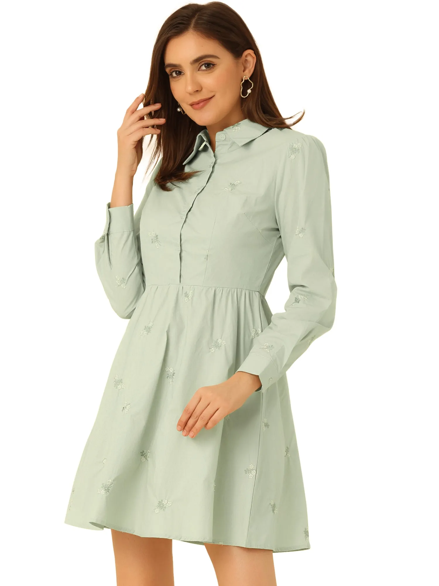 Casual Long Sleeve Half Placket Embroidered Floral Mini Shirt Dress