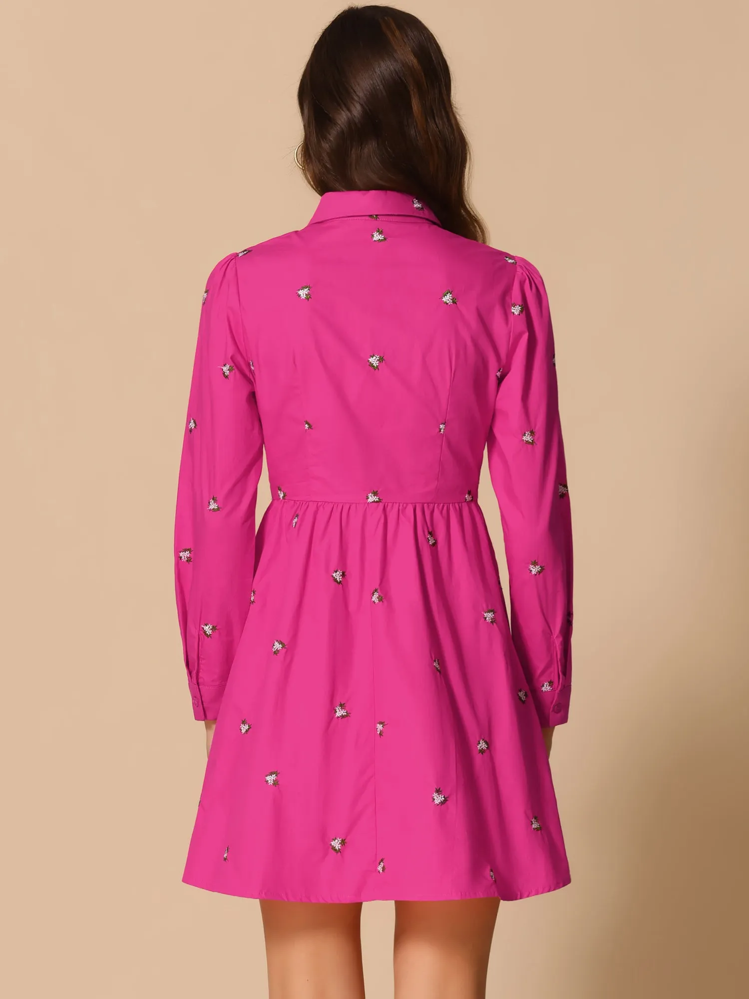 Casual Long Sleeve Half Placket Embroidered Floral Mini Shirt Dress