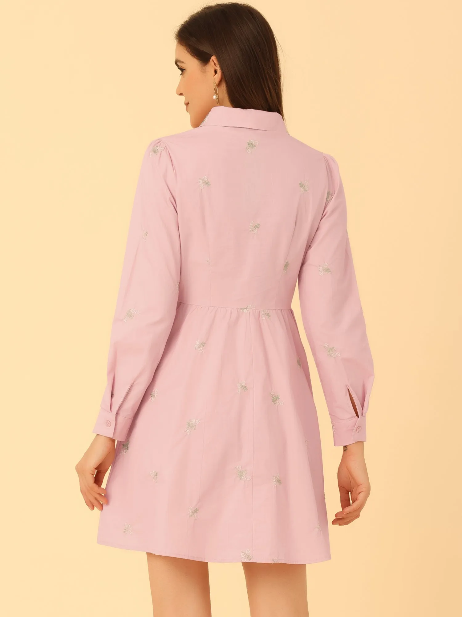 Casual Long Sleeve Half Placket Embroidered Floral Mini Shirt Dress