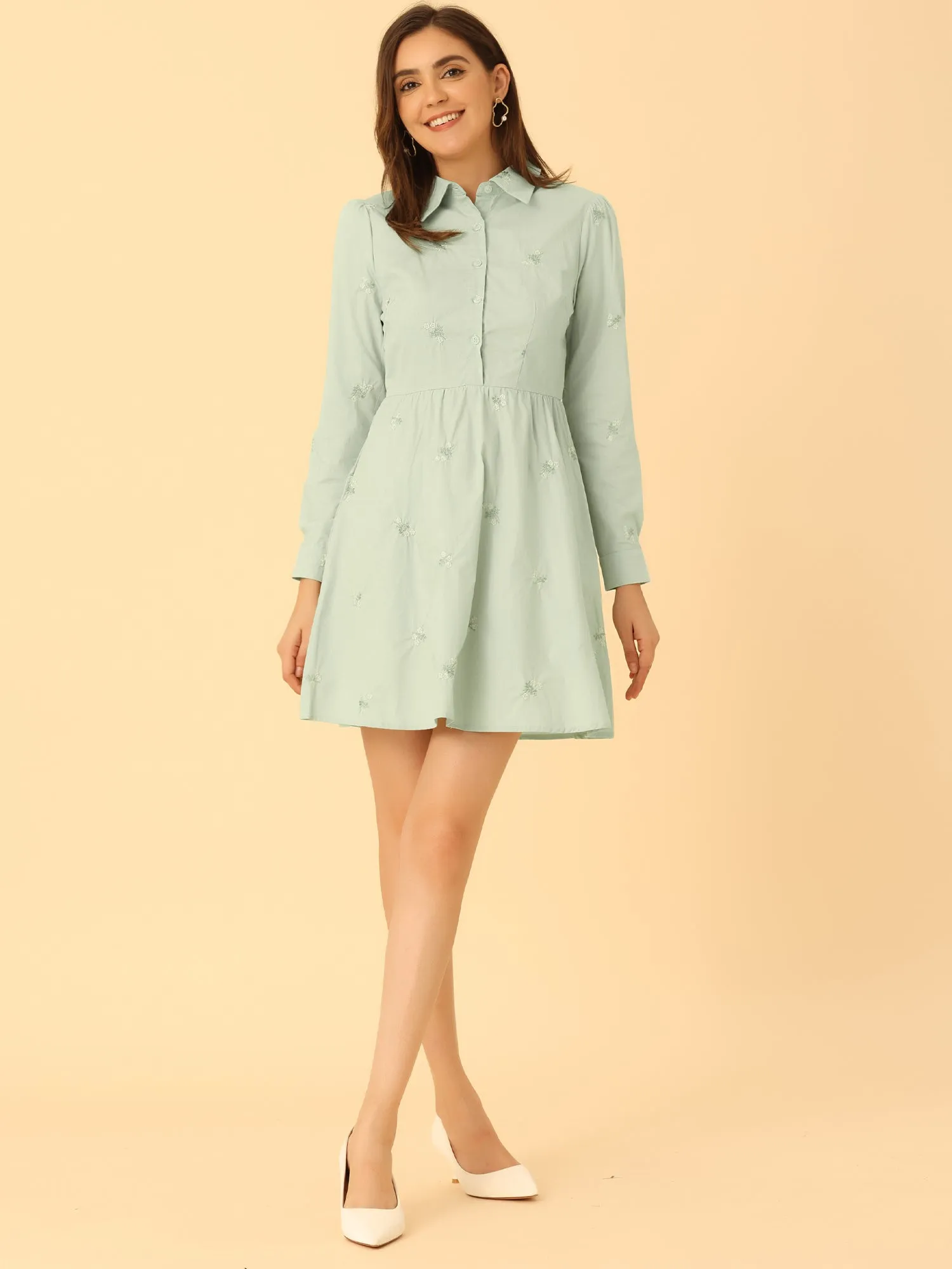Casual Long Sleeve Half Placket Embroidered Floral Mini Shirt Dress
