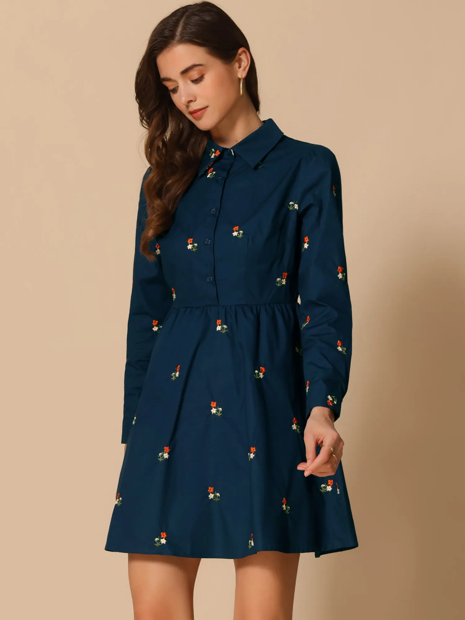 Casual Long Sleeve Half Placket Embroidered Floral Mini Shirt Dress
