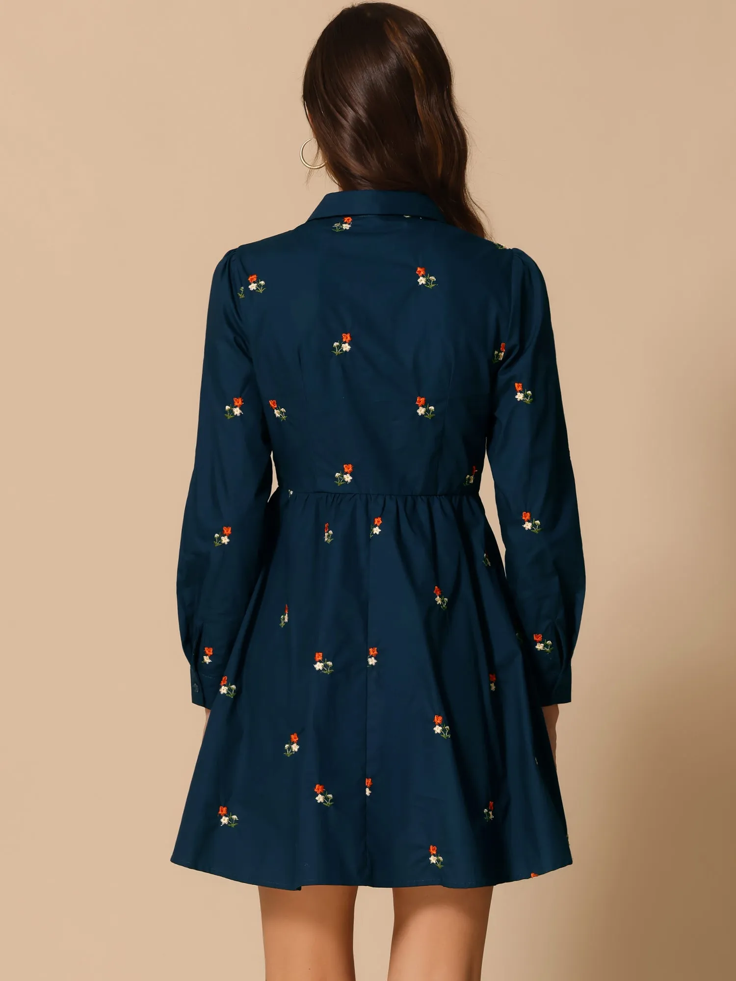 Casual Long Sleeve Half Placket Embroidered Floral Mini Shirt Dress