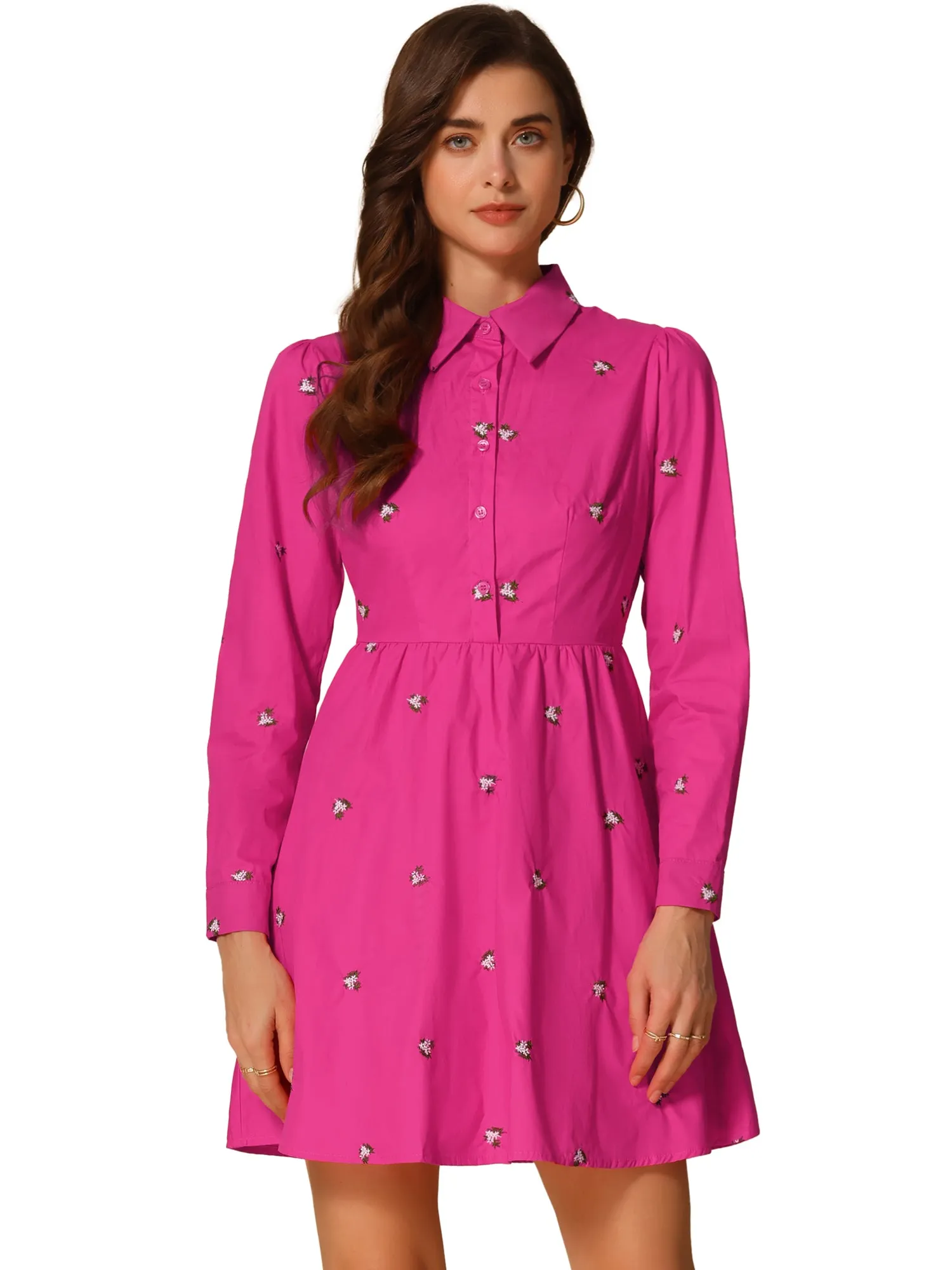 Casual Long Sleeve Half Placket Embroidered Floral Mini Shirt Dress