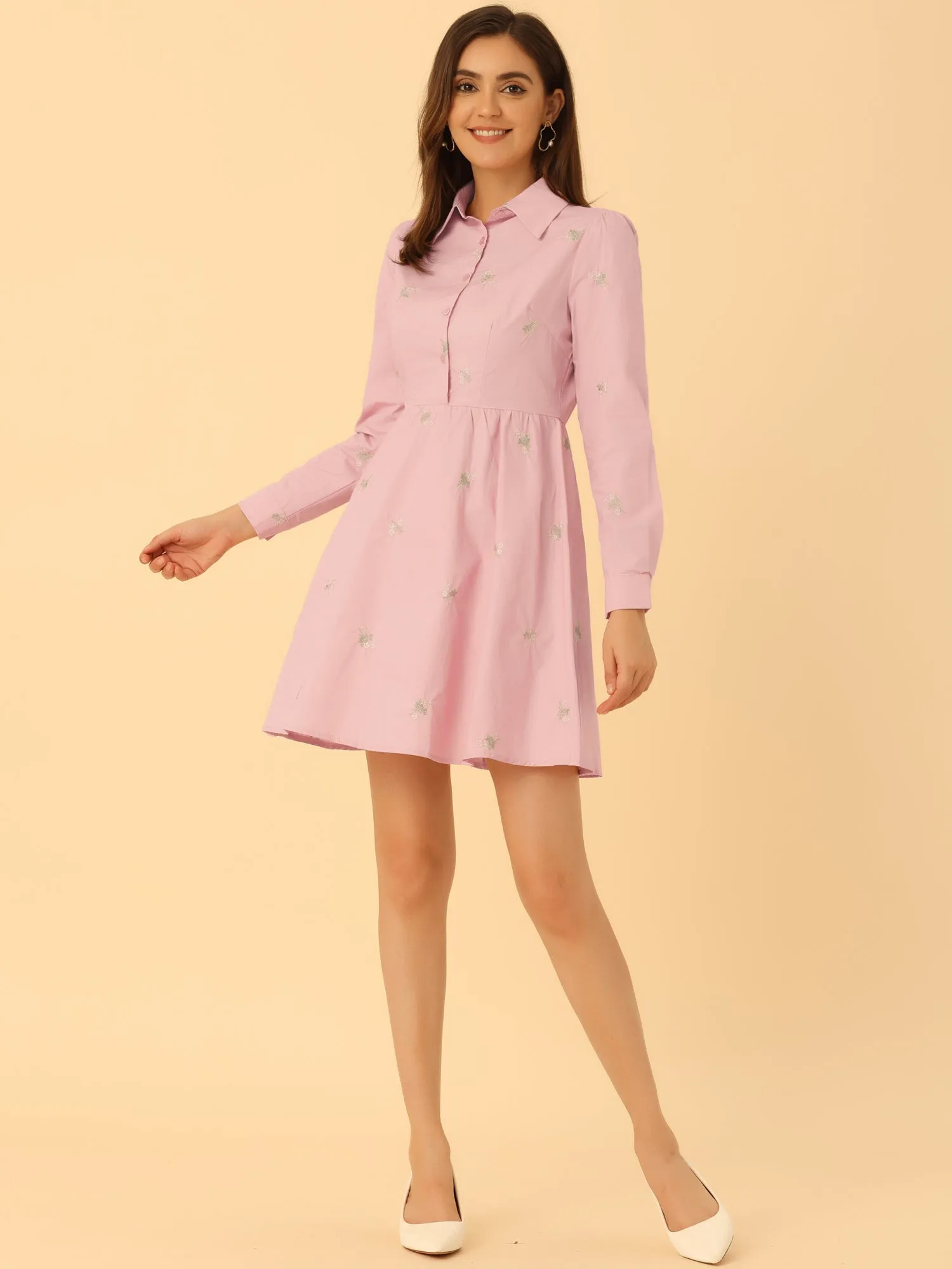 Casual Long Sleeve Half Placket Embroidered Floral Mini Shirt Dress