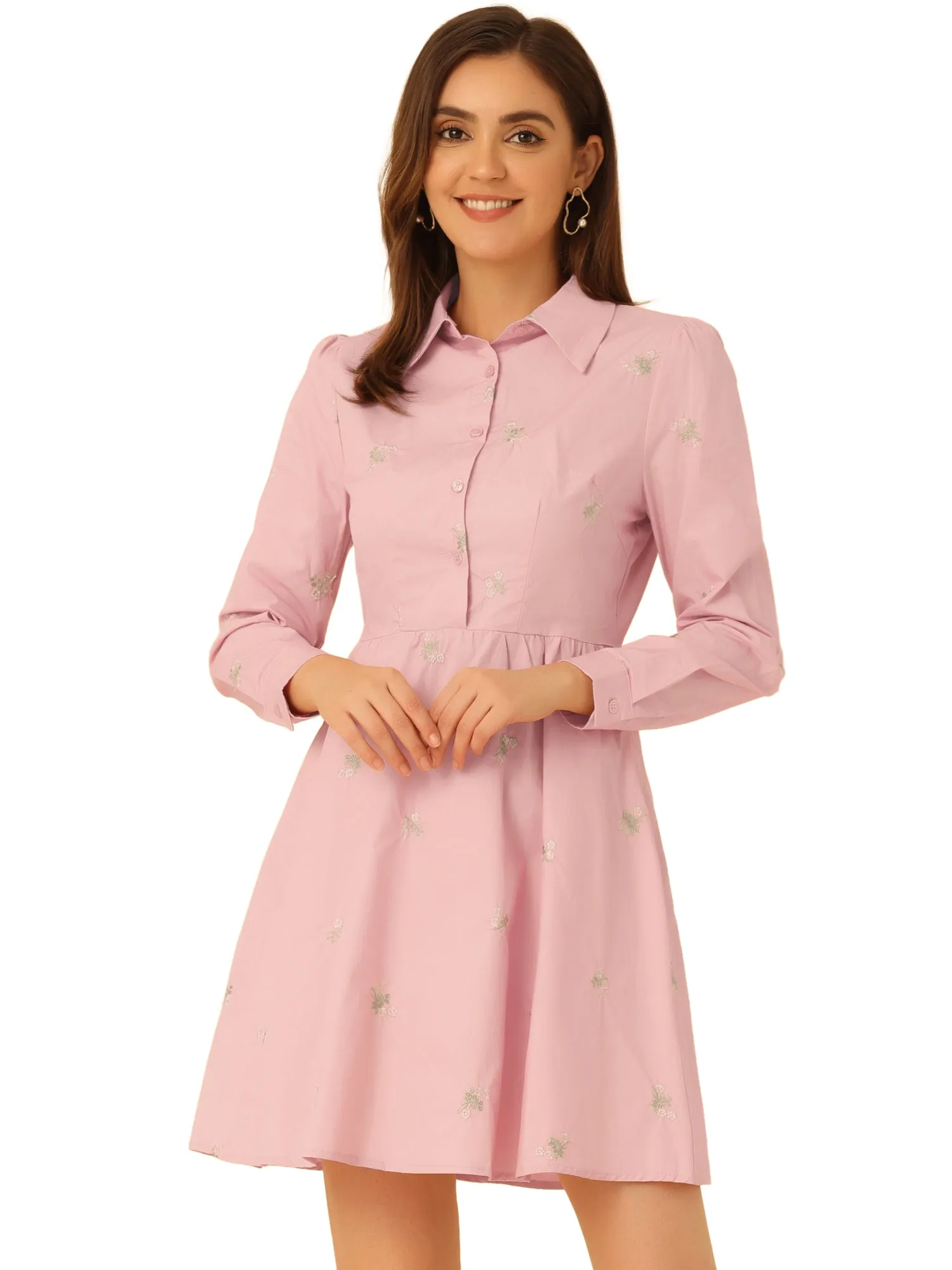 Casual Long Sleeve Half Placket Embroidered Floral Mini Shirt Dress