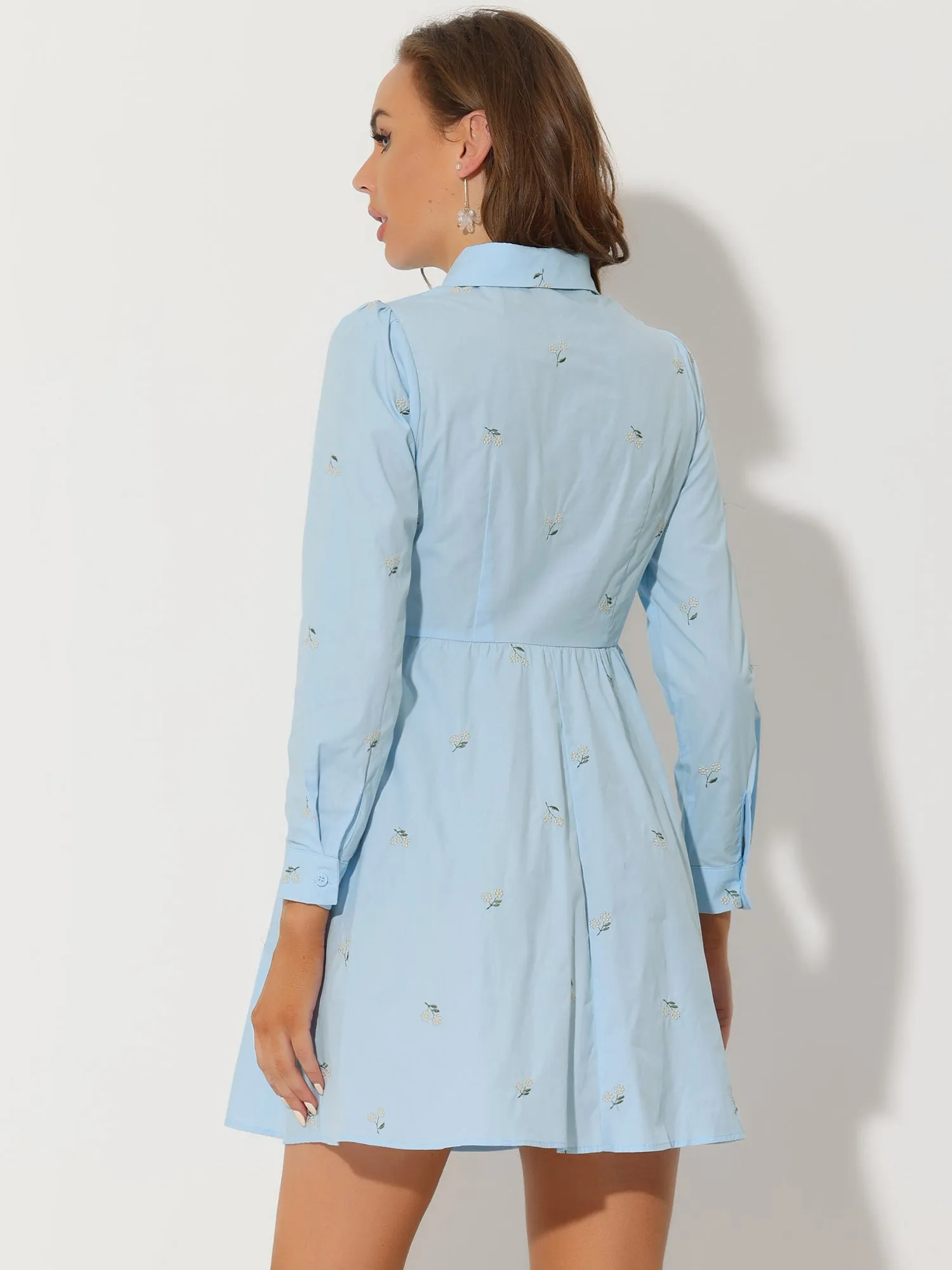 Casual Long Sleeve Half Placket Embroidered Floral Mini Shirt Dress