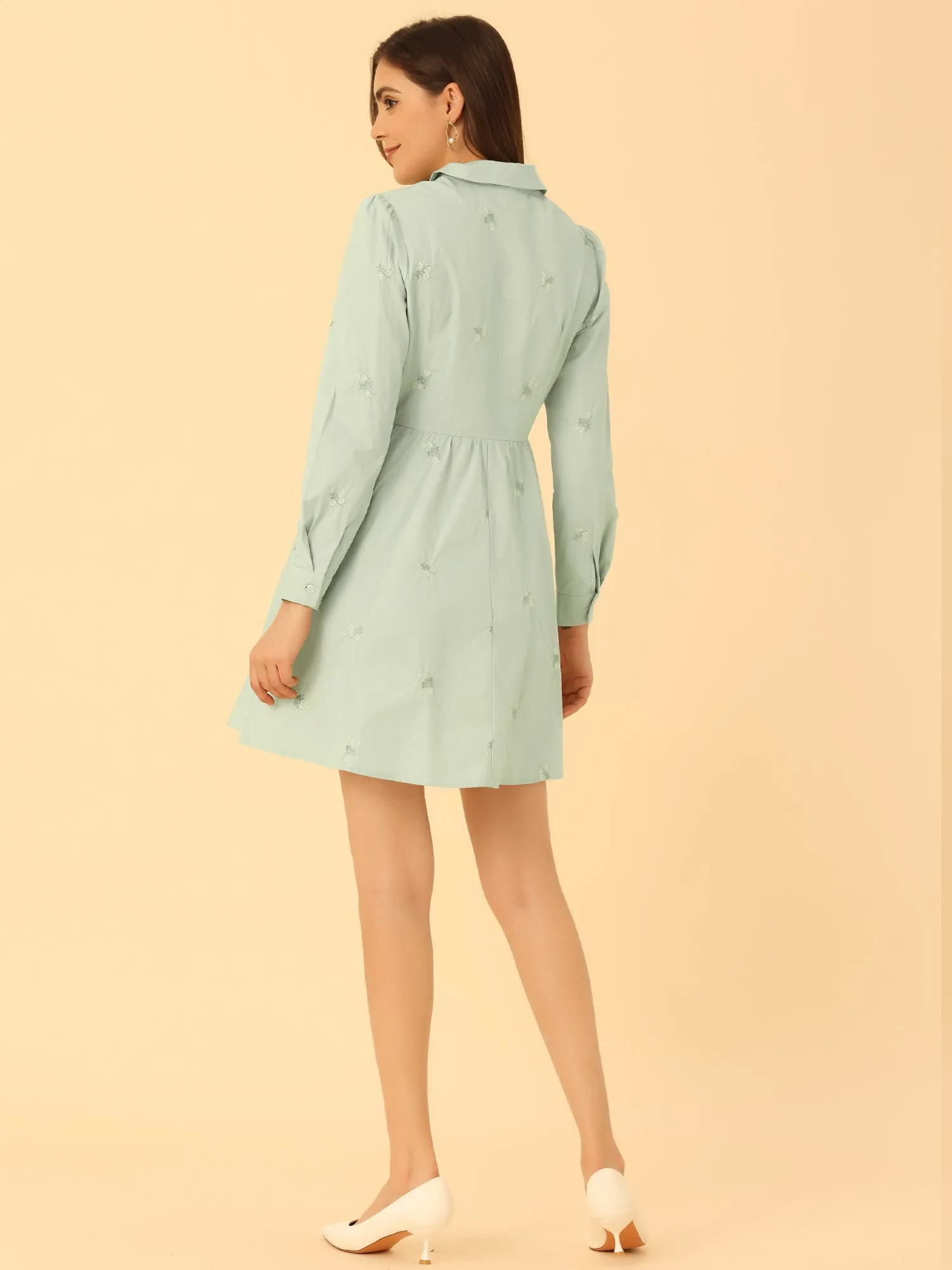 Casual Long Sleeve Half Placket Embroidered Floral Mini Shirt Dress