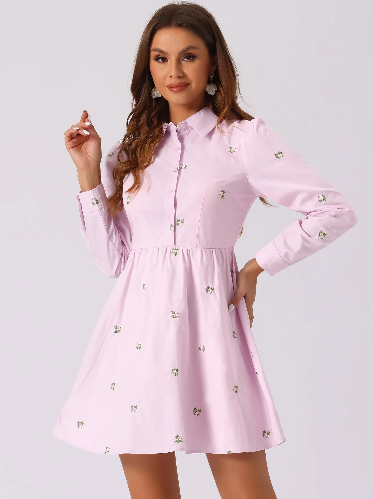 Casual Long Sleeve Half Placket Embroidered Floral Mini Shirt Dress