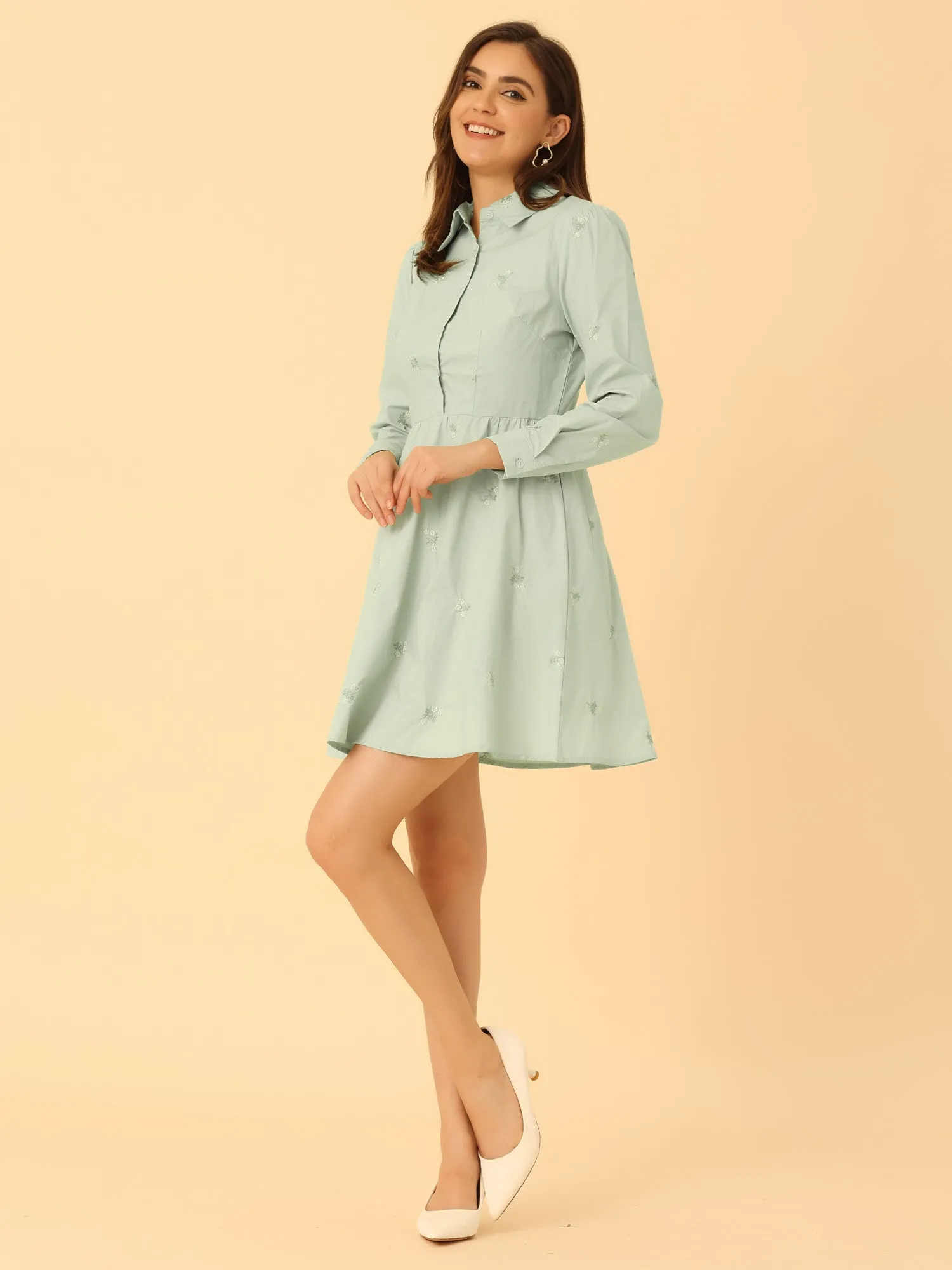 Casual Long Sleeve Half Placket Embroidered Floral Mini Shirt Dress
