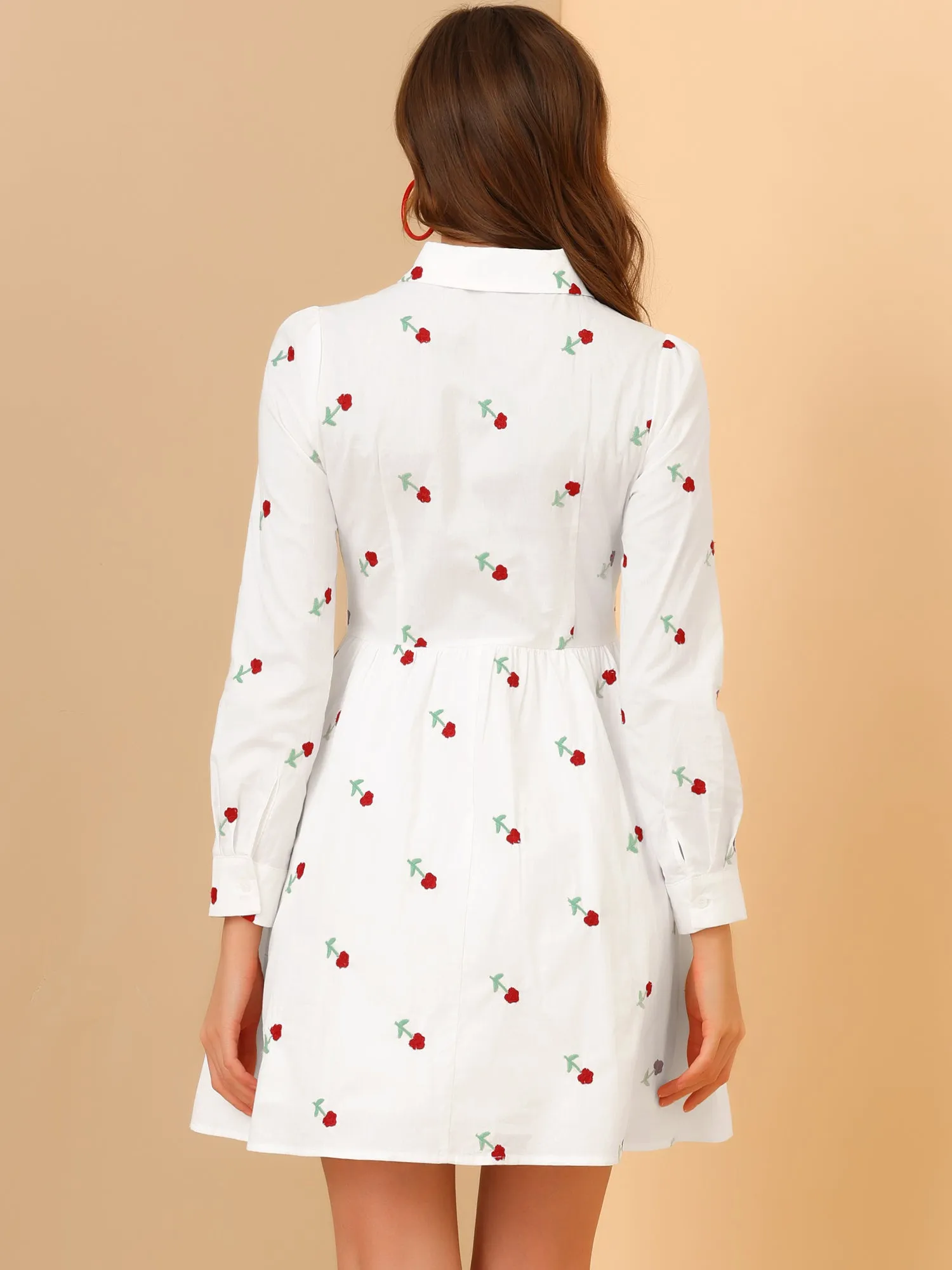 Casual Long Sleeve Half Placket Embroidered Floral Mini Shirt Dress