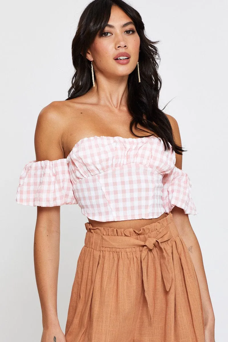 Check Crop Top Off Shoulder Short Sleeve
