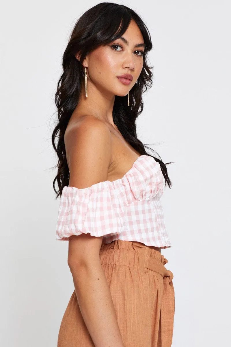 Check Crop Top Off Shoulder Short Sleeve