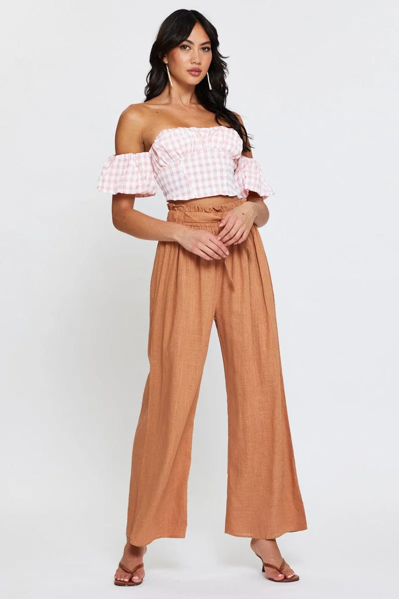 Check Crop Top Off Shoulder Short Sleeve