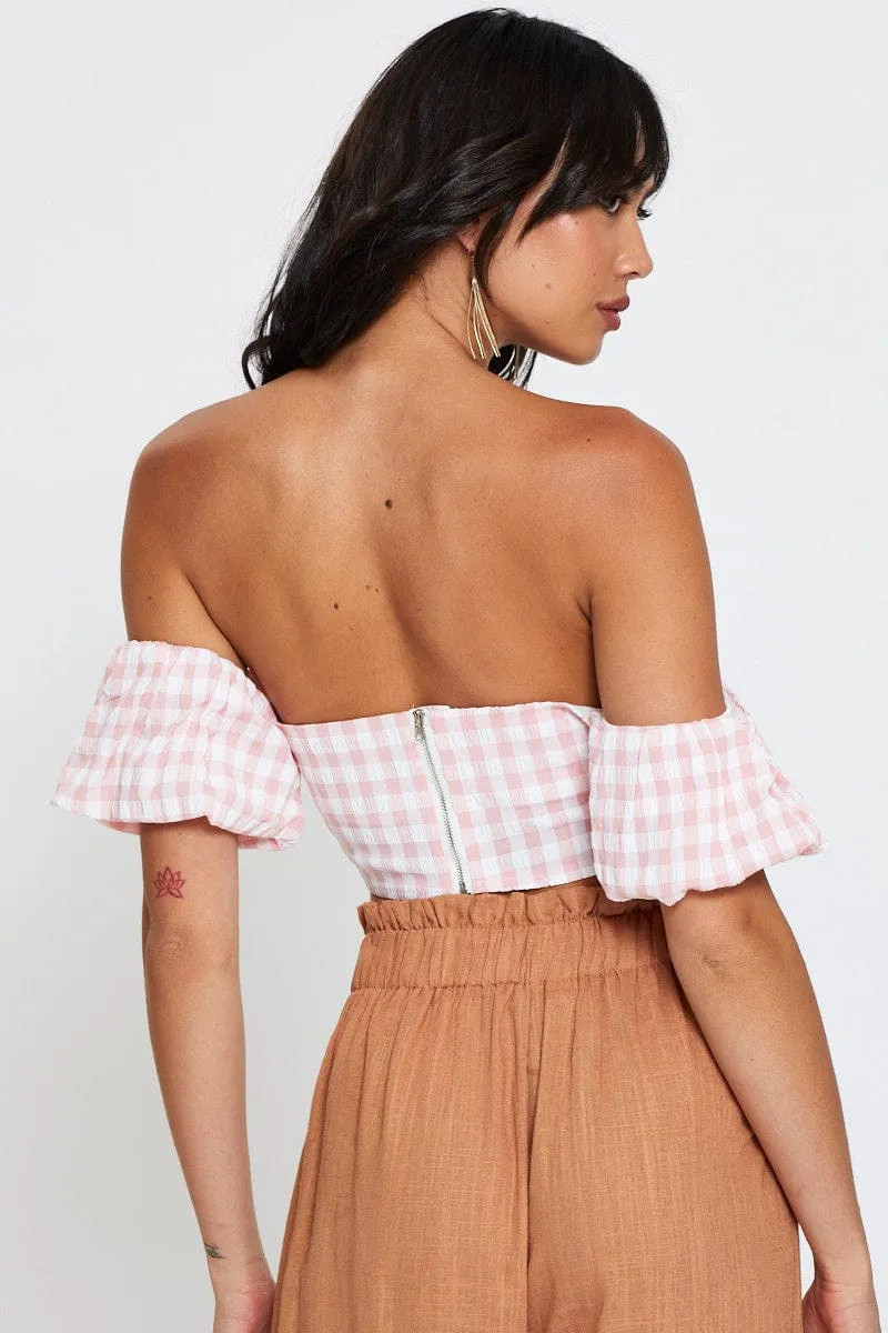 Check Crop Top Off Shoulder Short Sleeve