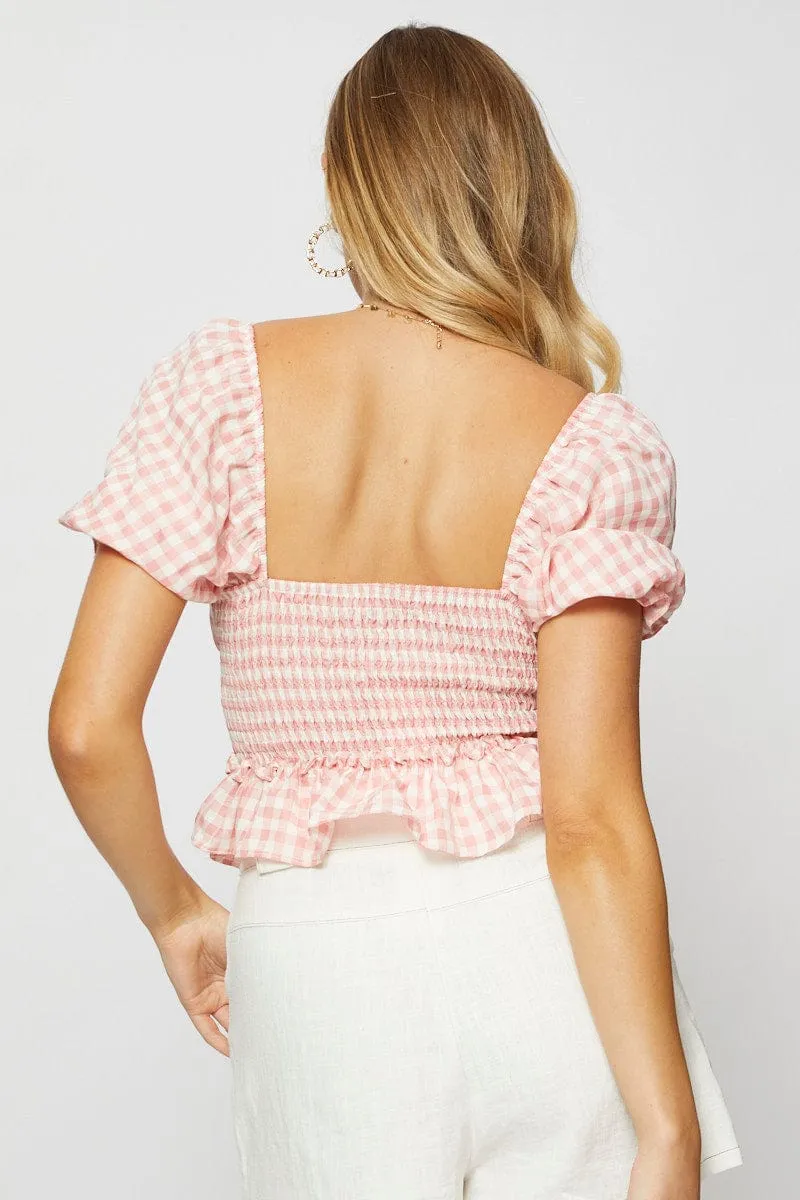 Check Crop Top Short Sleeve Square Neck