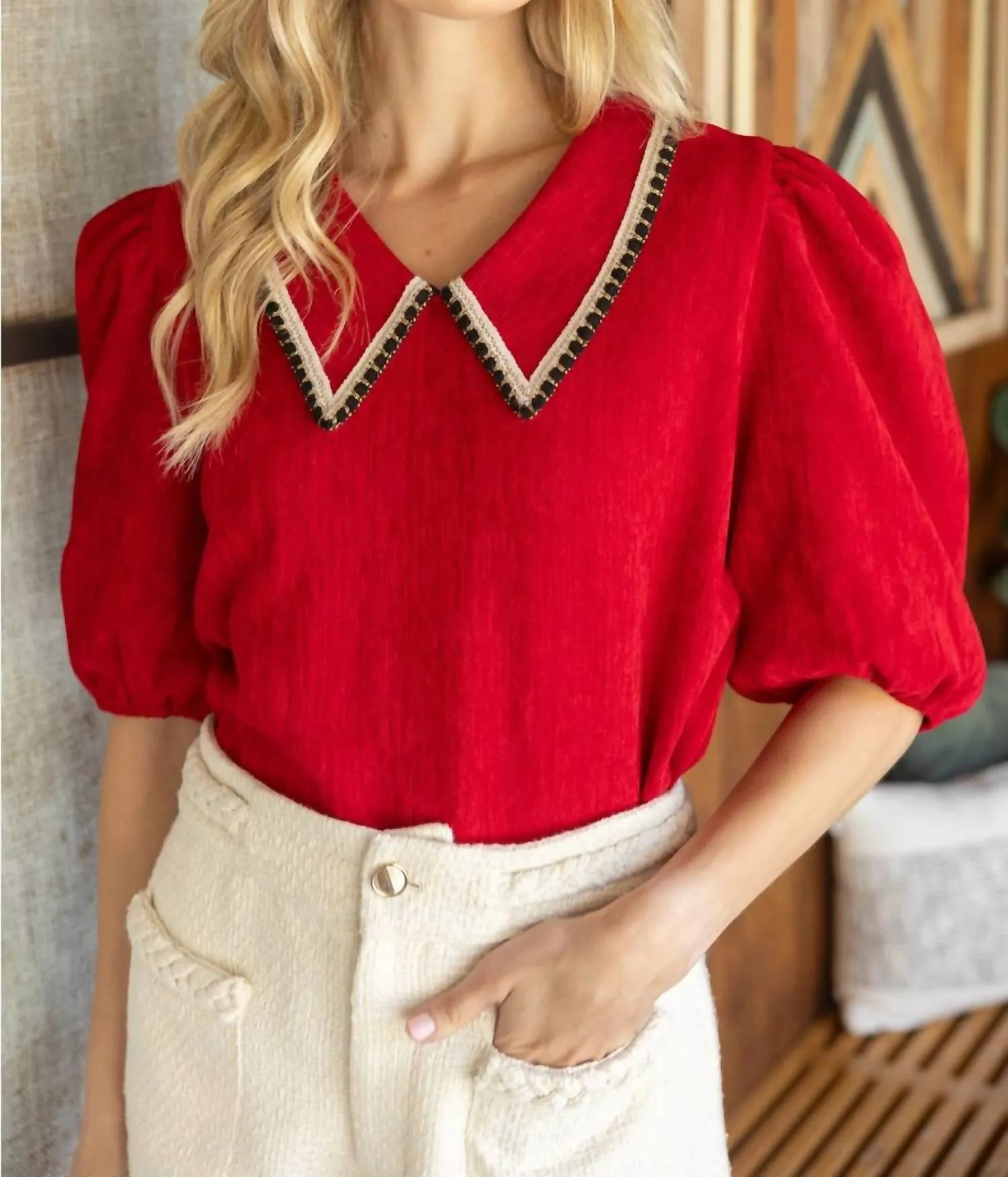 Collard Knit Top In Red