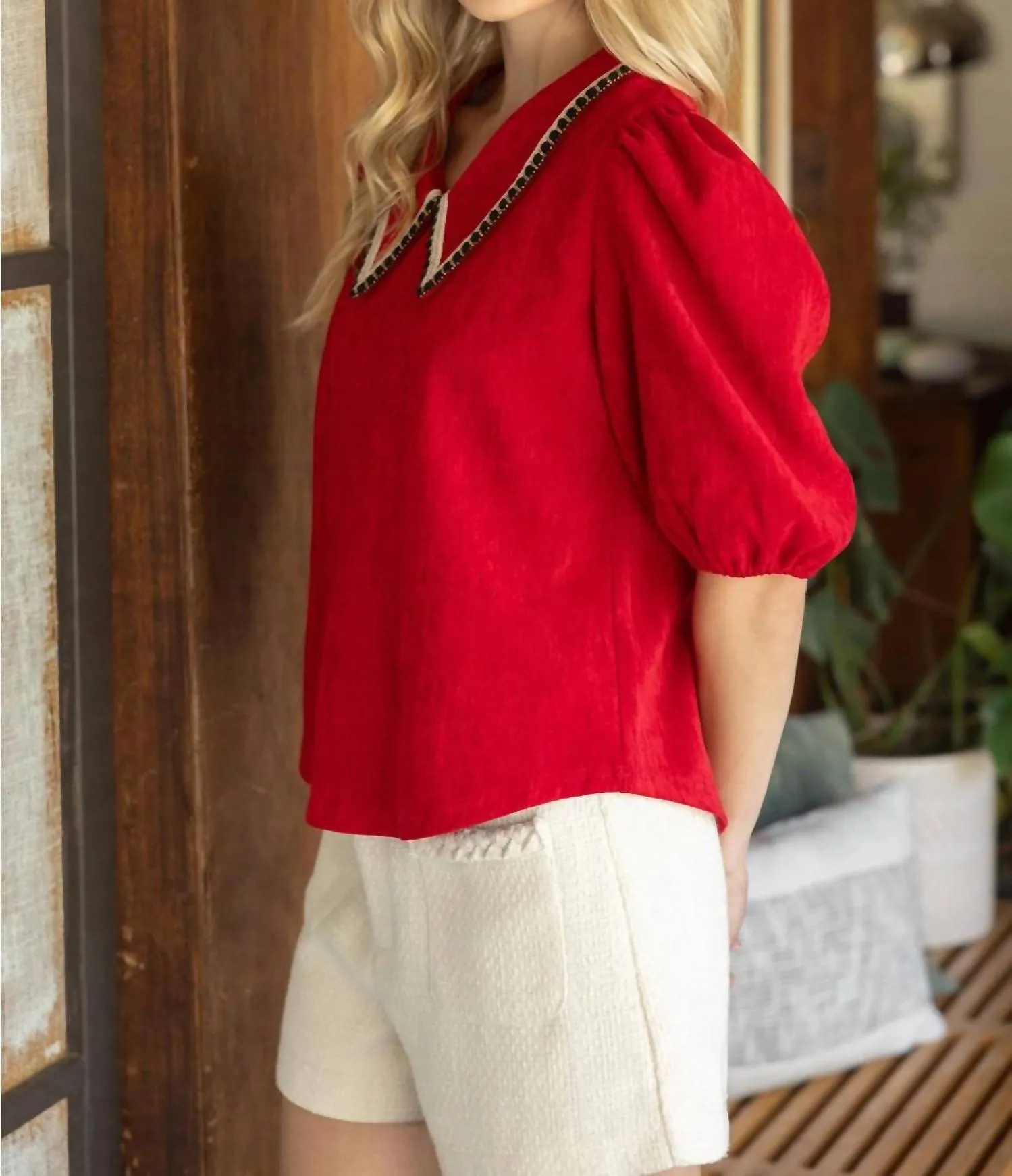 Collard Knit Top In Red