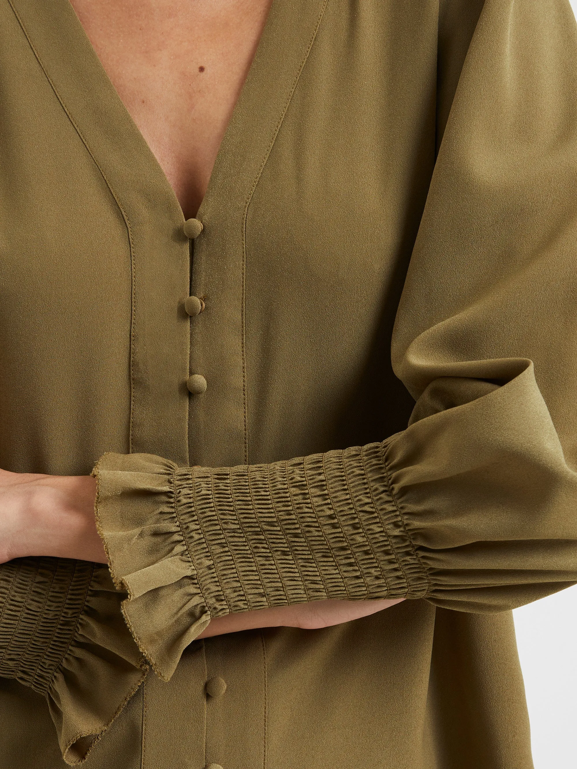 Crepe V-Neck Smocked Sleeve Blouse
