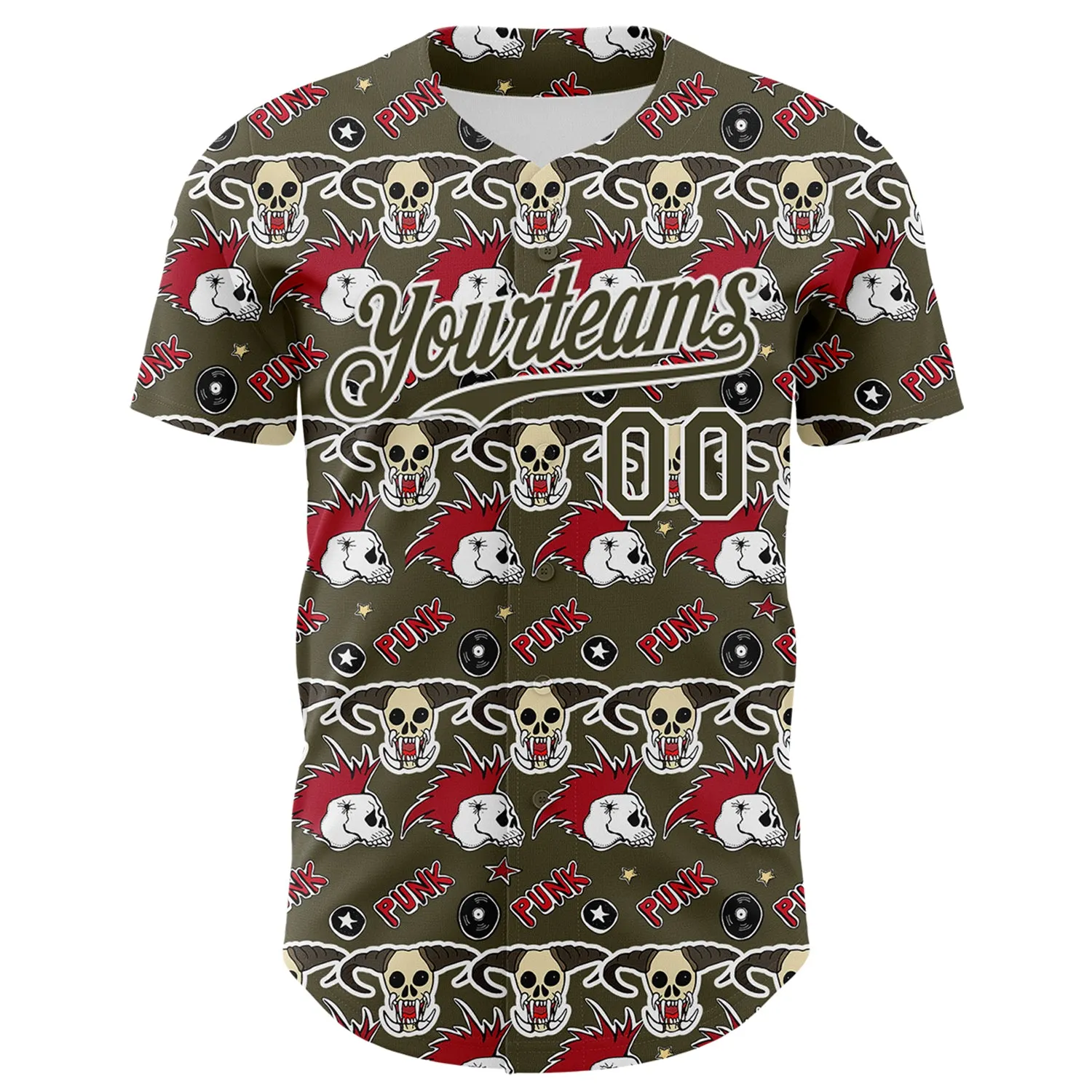 Custom Olive White 3D Punk Rock Skull Authentic Baseball Jersey