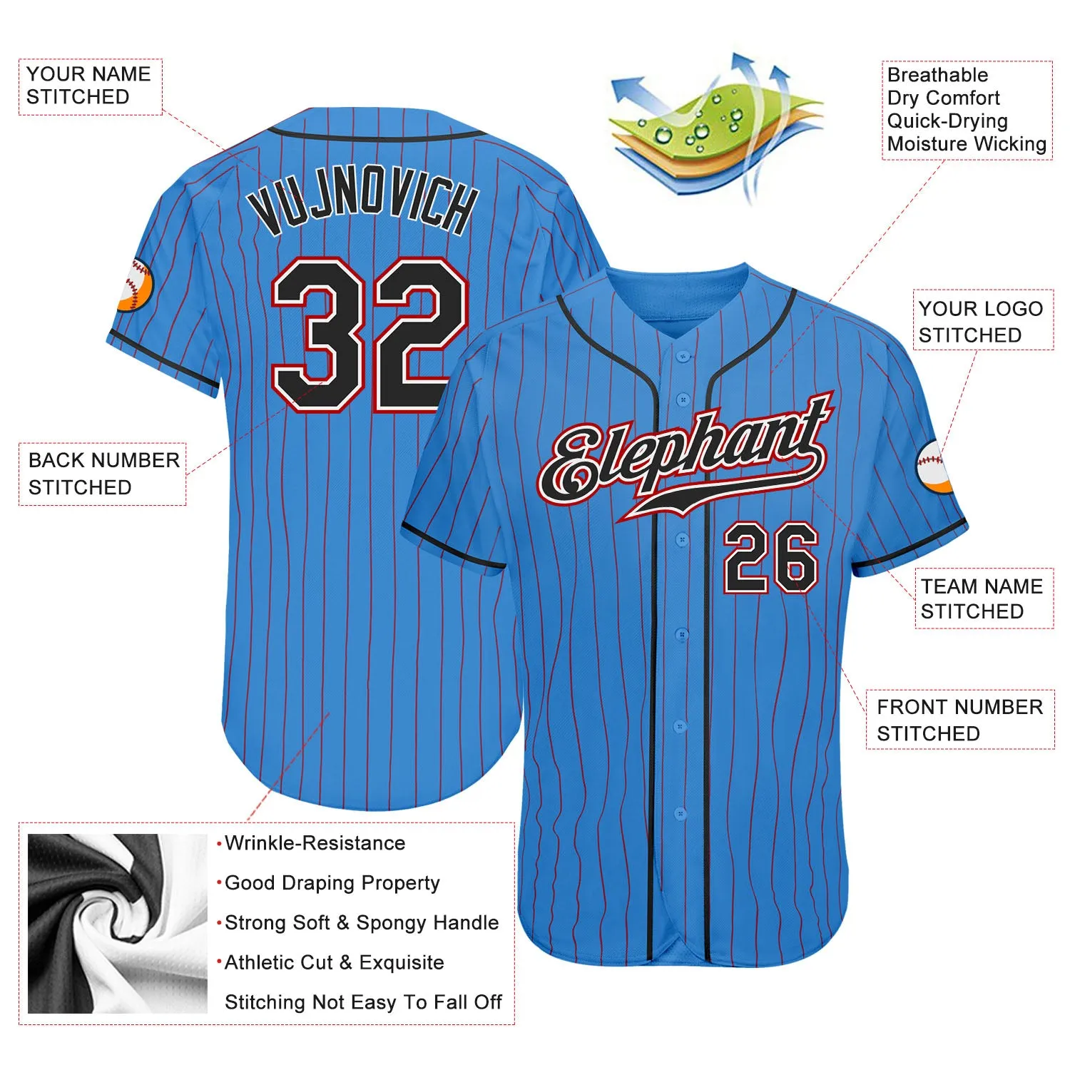 Custom Powder Blue Red Pinstripe Black-White Authentic Baseball Jersey