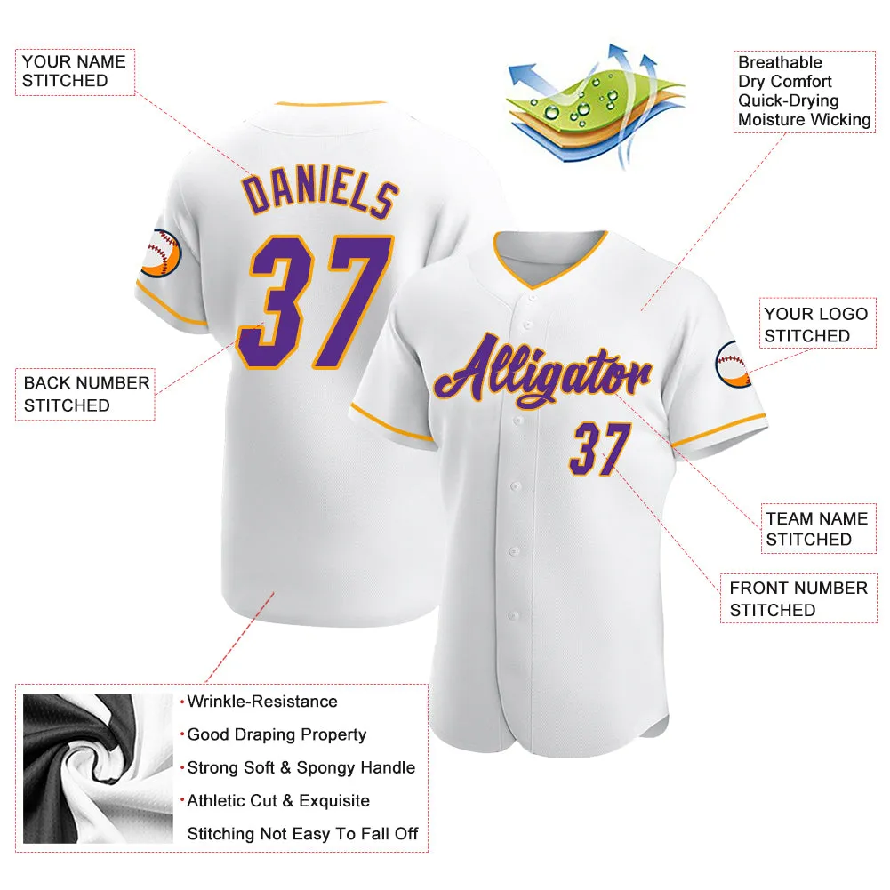 Custom White Purple-Gold Authentic Baseball Jersey