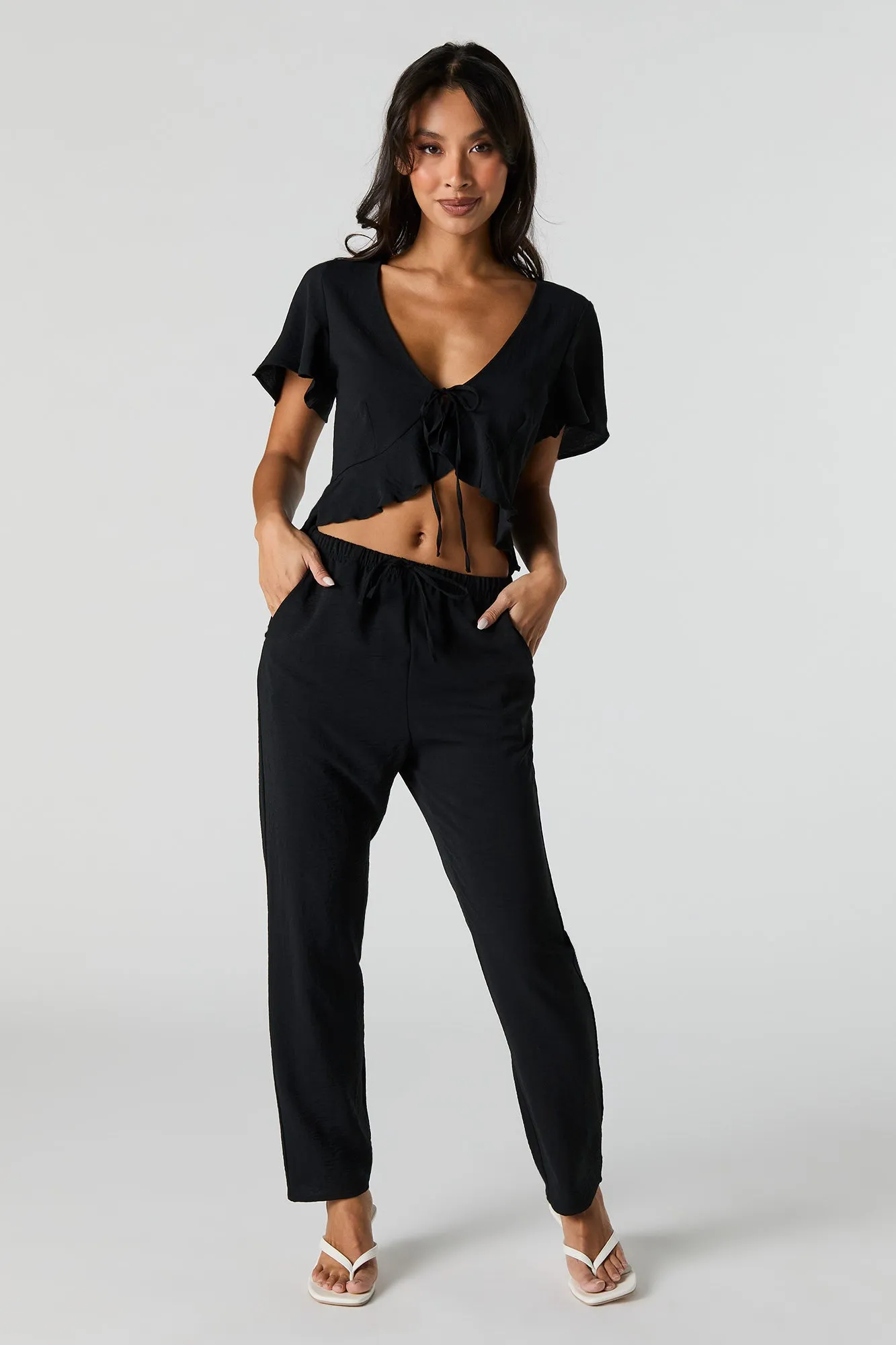 Flowy Tie Front Ruffle Crop Top