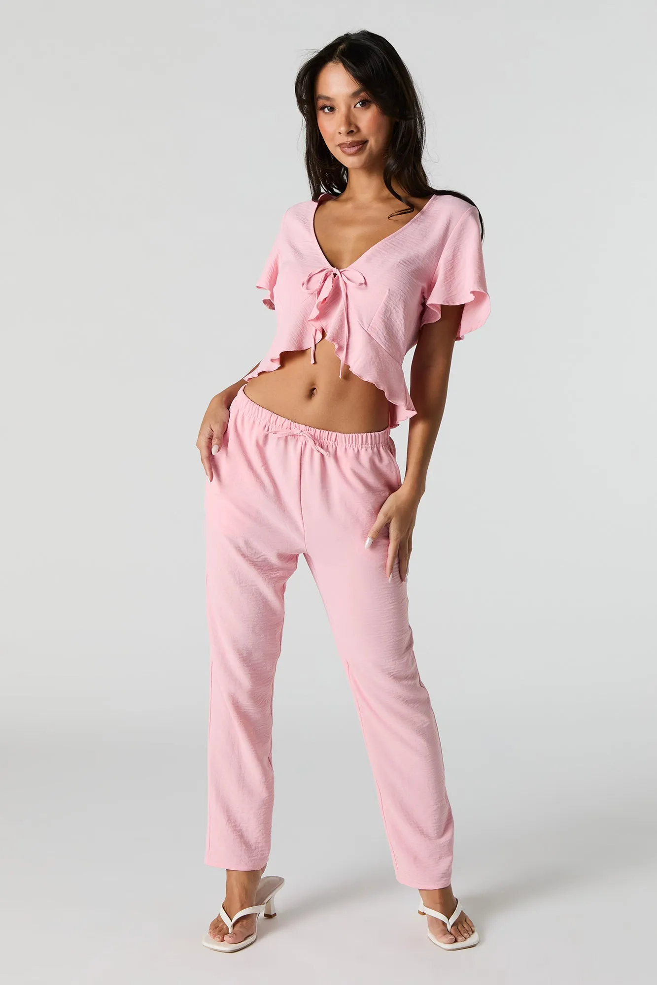 Flowy Tie Front Ruffle Crop Top
