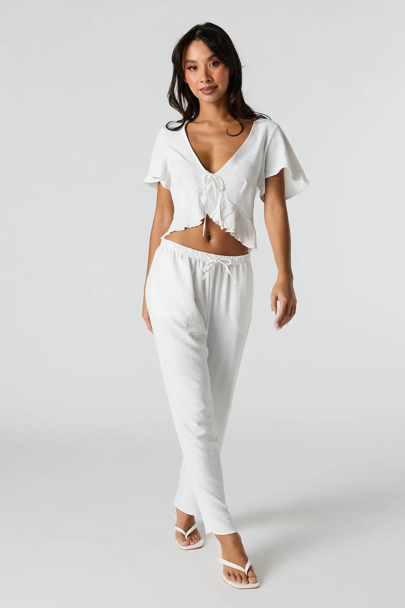 Flowy Tie Front Ruffle Crop Top