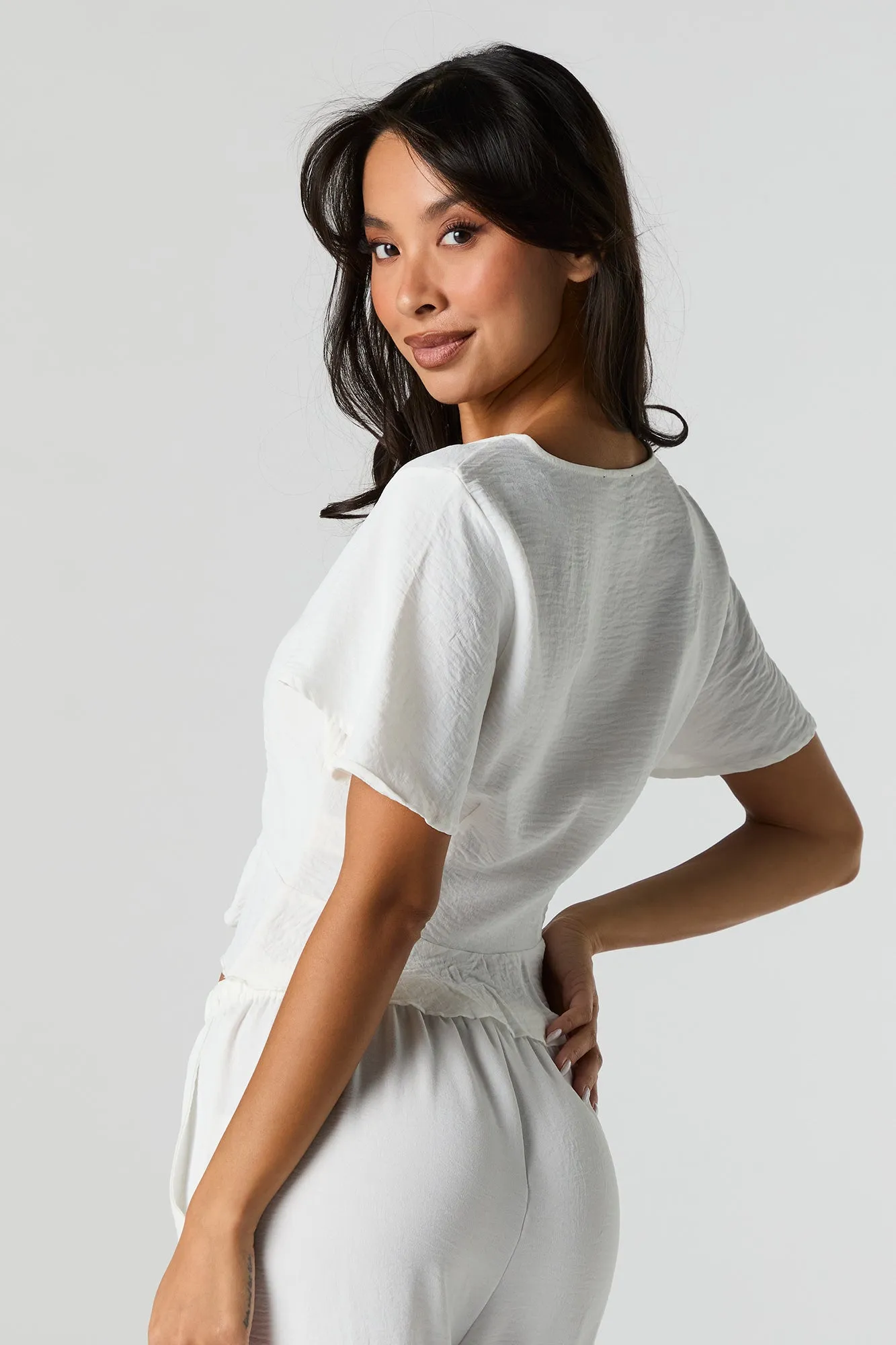 Flowy Tie Front Ruffle Crop Top
