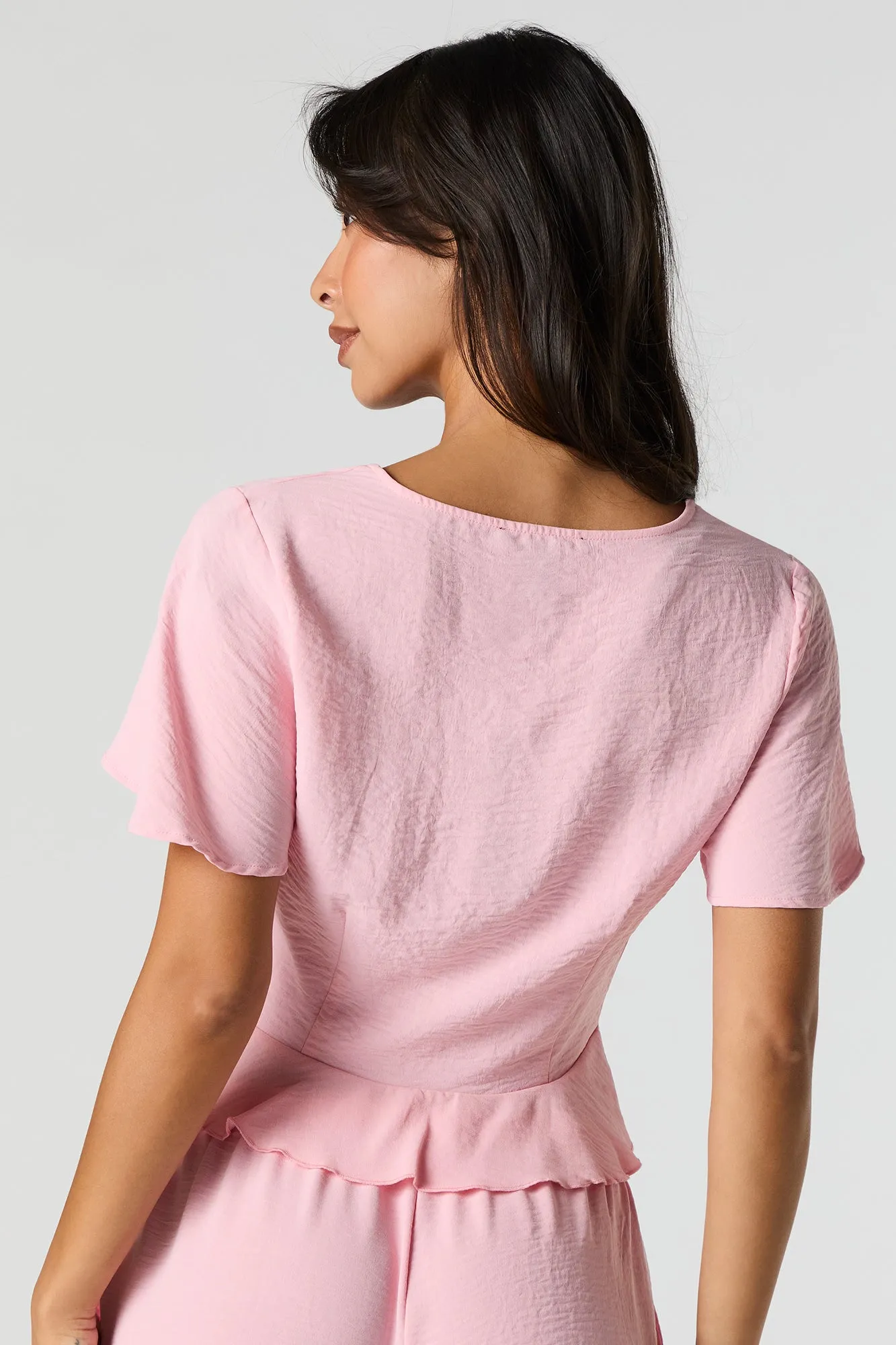 Flowy Tie Front Ruffle Crop Top