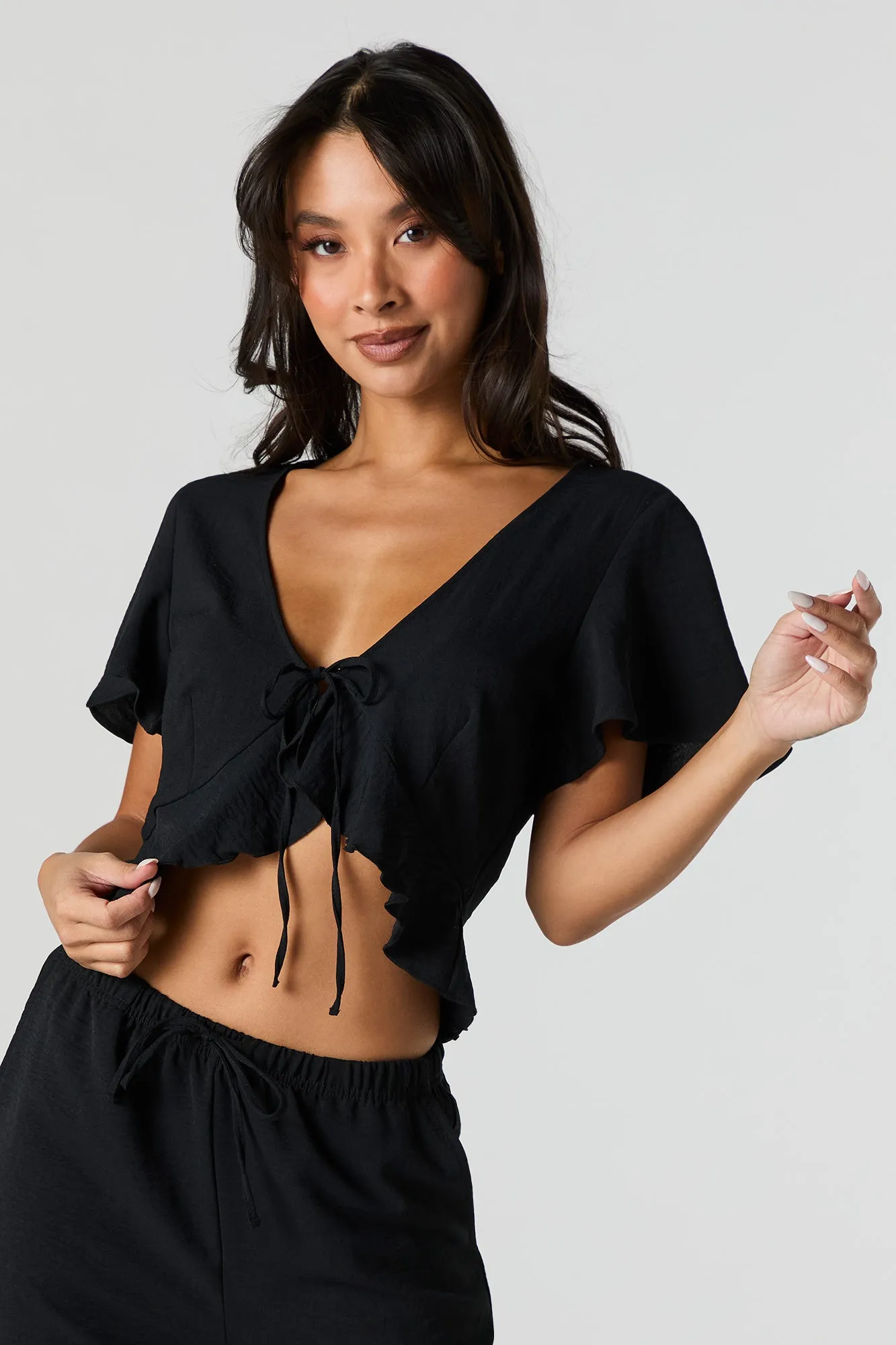 Flowy Tie Front Ruffle Crop Top