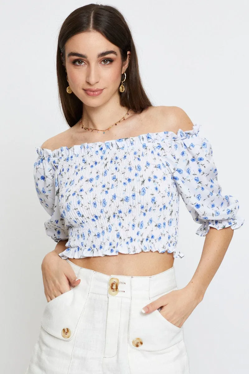 Geo Print Crop Top Short Sleeve Off Shoulder