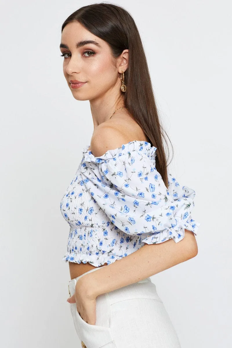 Geo Print Crop Top Short Sleeve Off Shoulder