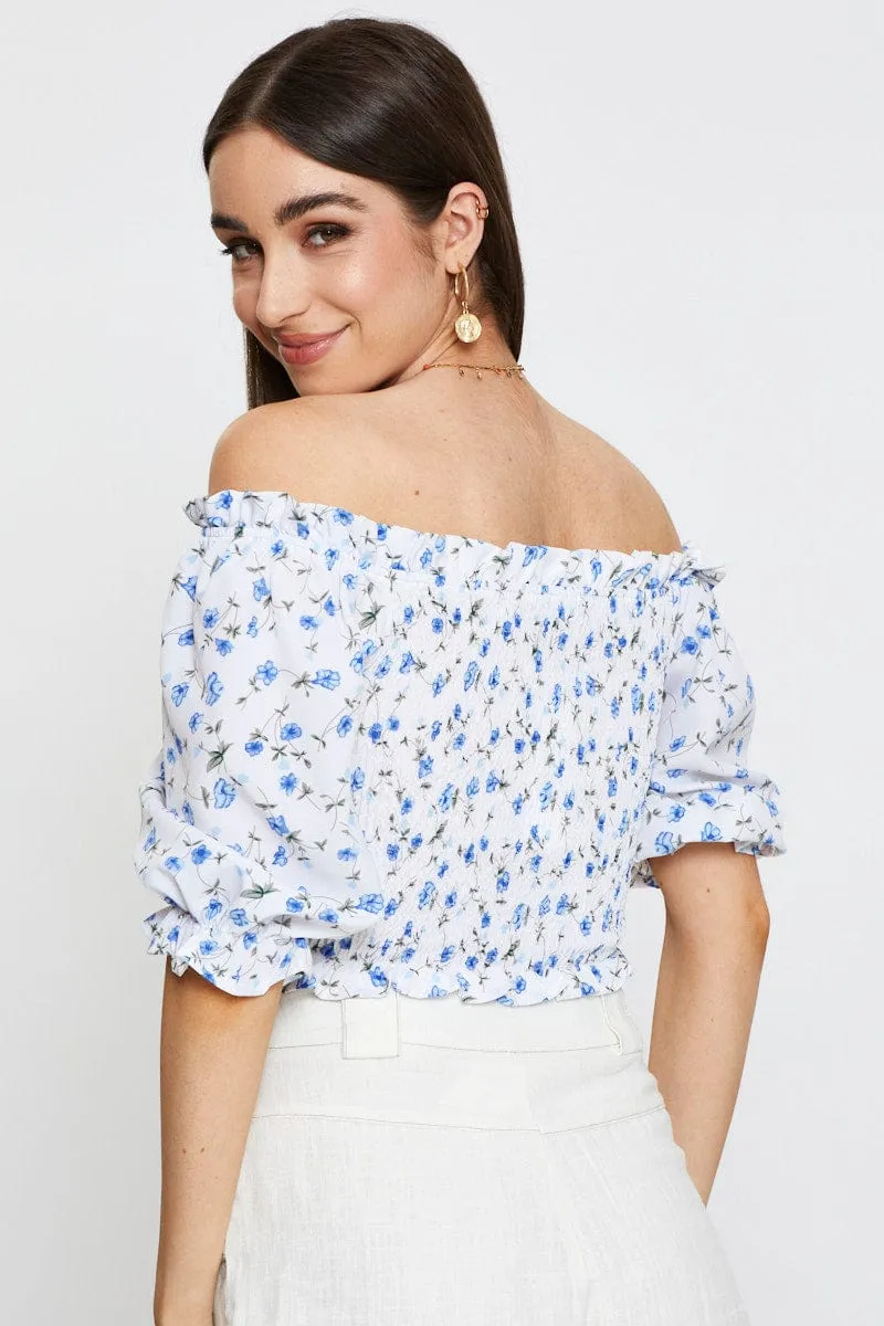 Geo Print Crop Top Short Sleeve Off Shoulder