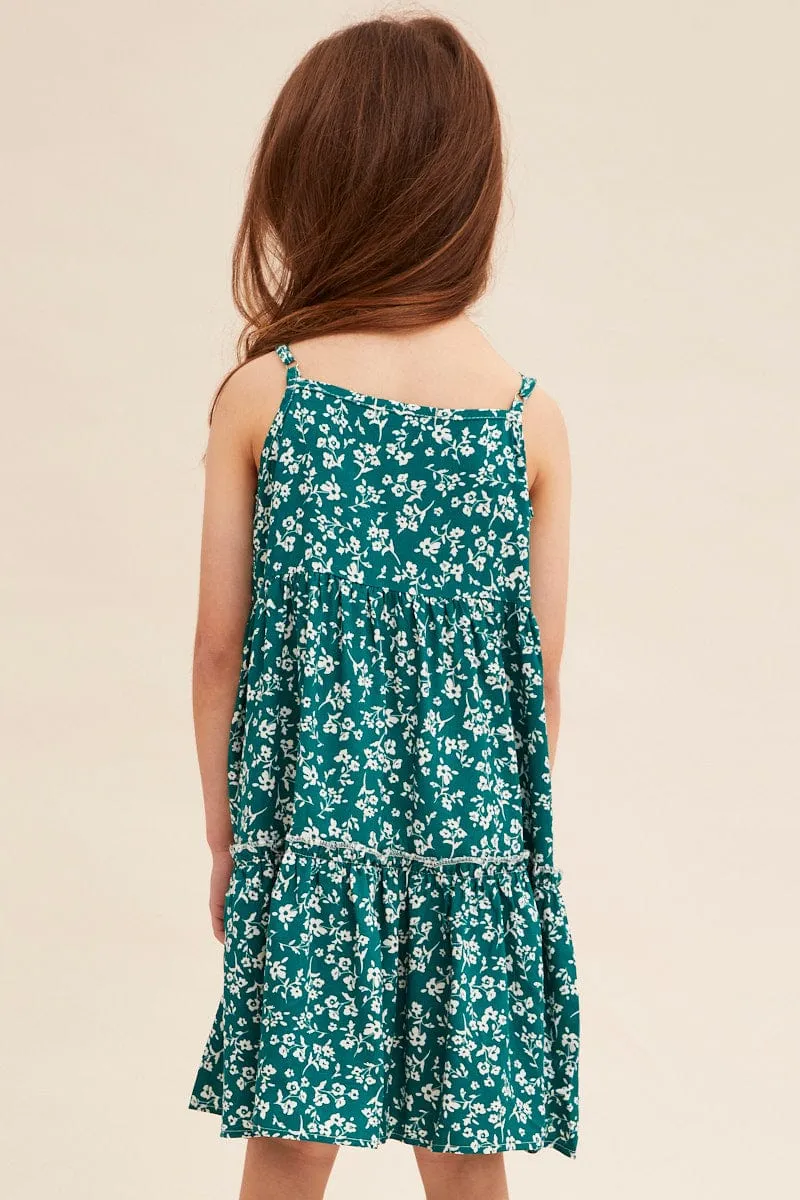 Green Ditsy Kids Sleeveless Button Front Floral Dress