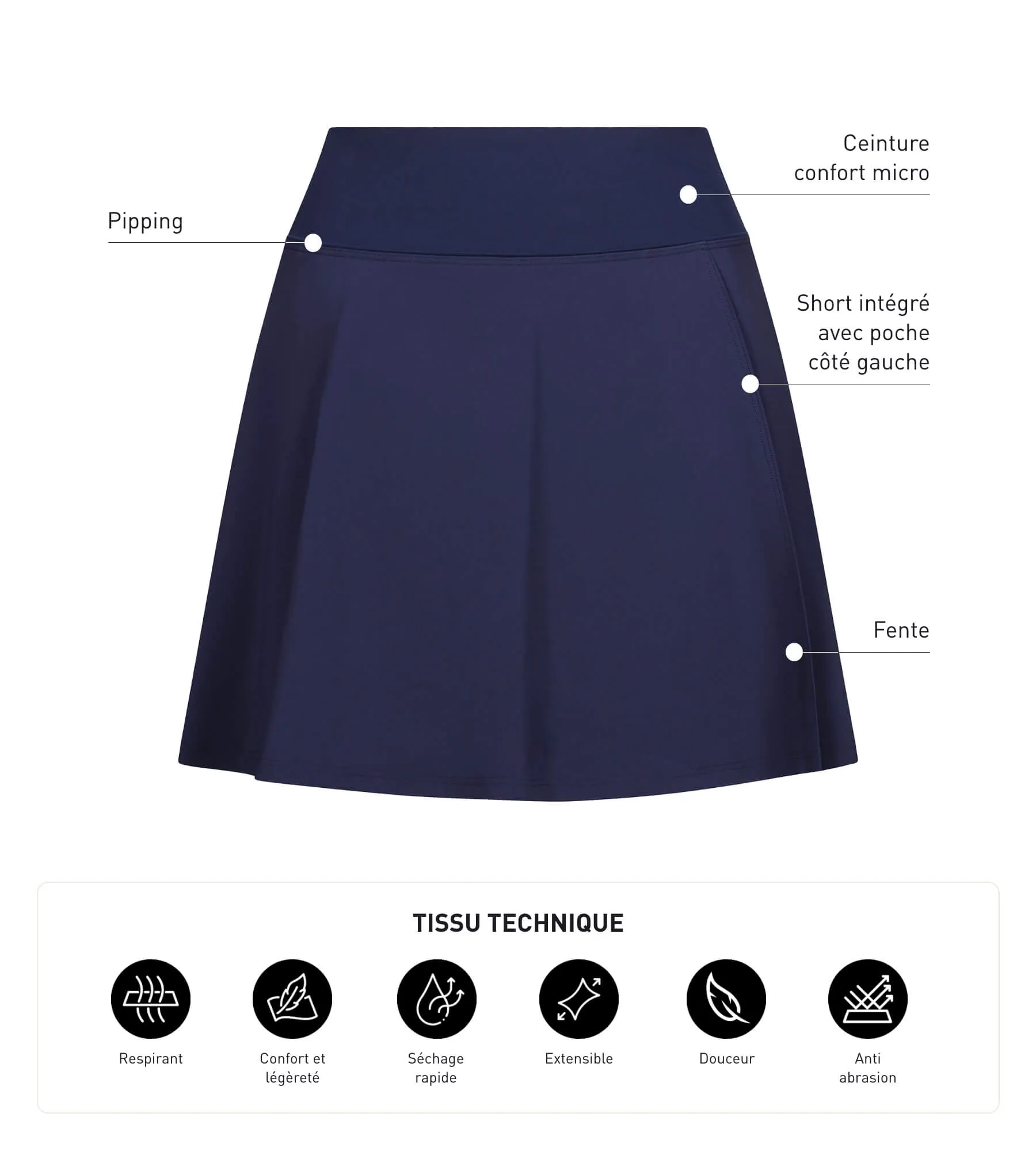 Jupe short de sport femme en microfibre Bleu Nuit Dim Move