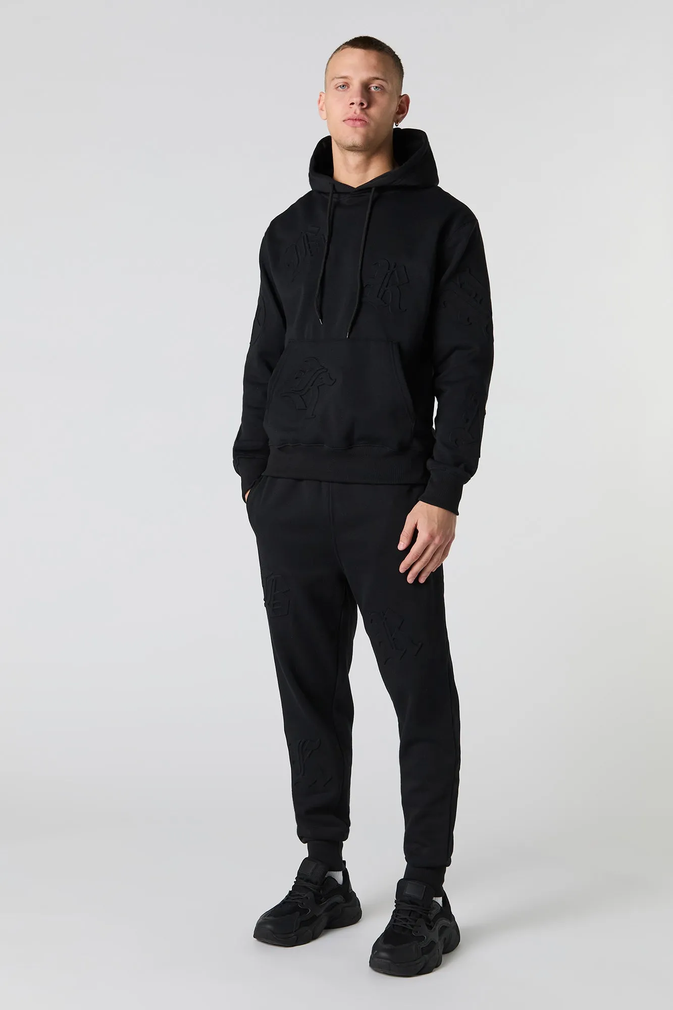 Letter Embossed Fleece Hoodie