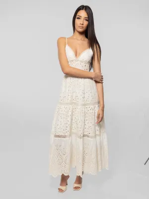 Long Lace Dress with V-Neck Ecru