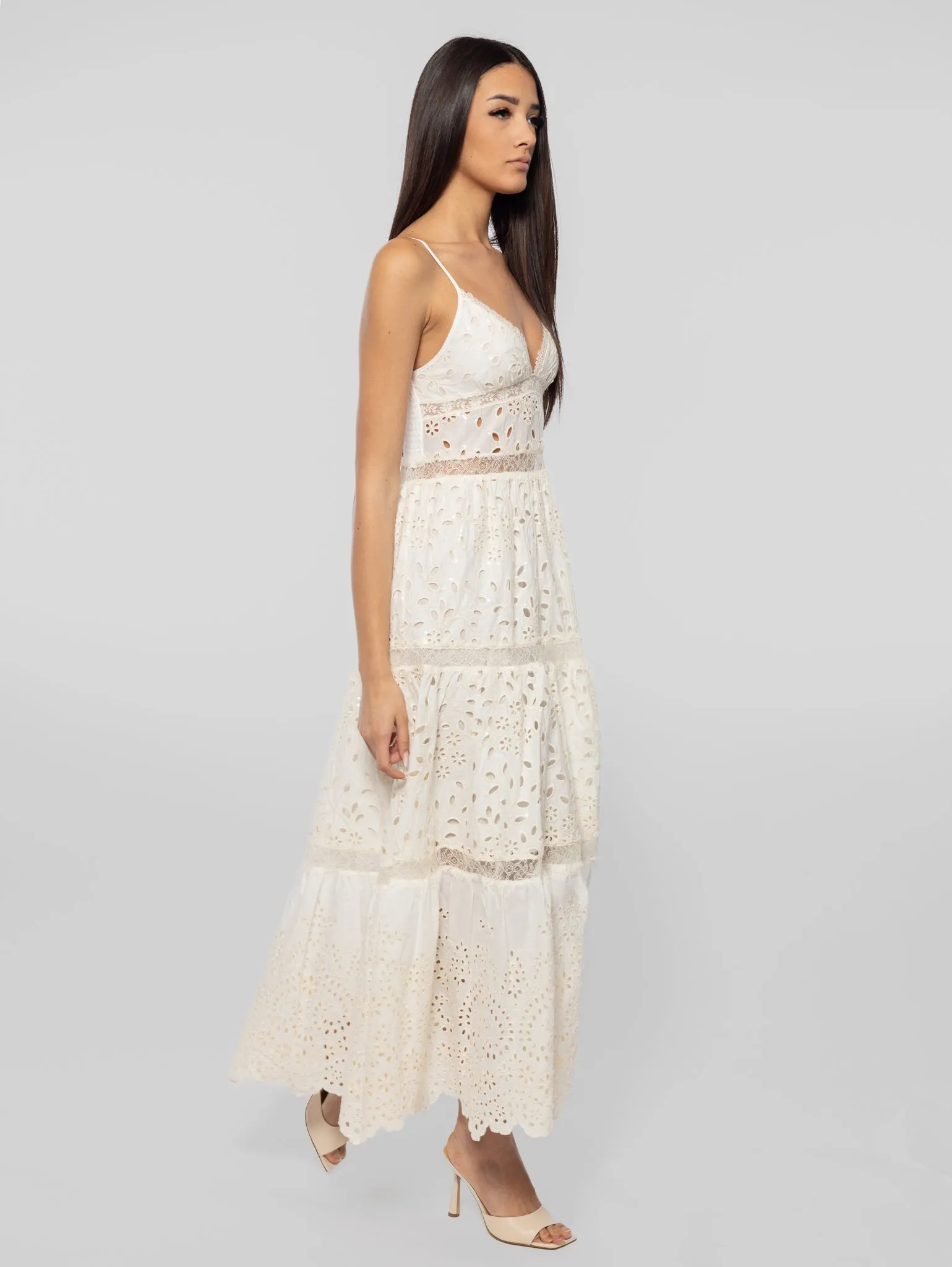 Long Lace Dress with V-Neck Ecru