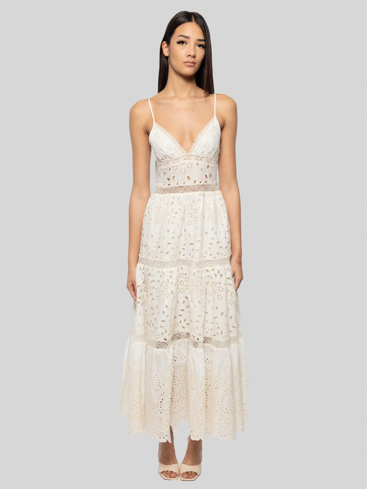 Long Lace Dress with V-Neck Ecru