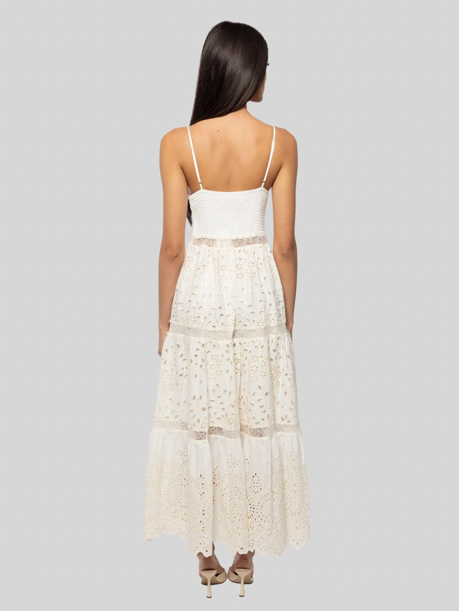 Long Lace Dress with V-Neck Ecru