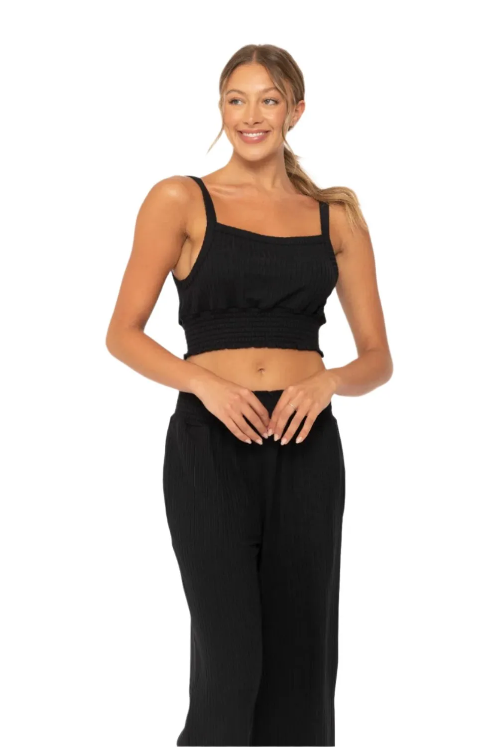 Mono B Soft Ribbed Smocked Crop Top KT5019