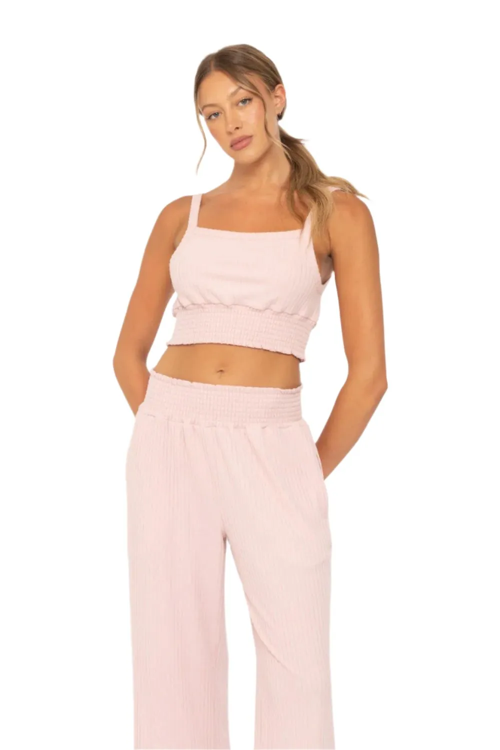 Mono B Soft Ribbed Smocked Crop Top KT5019